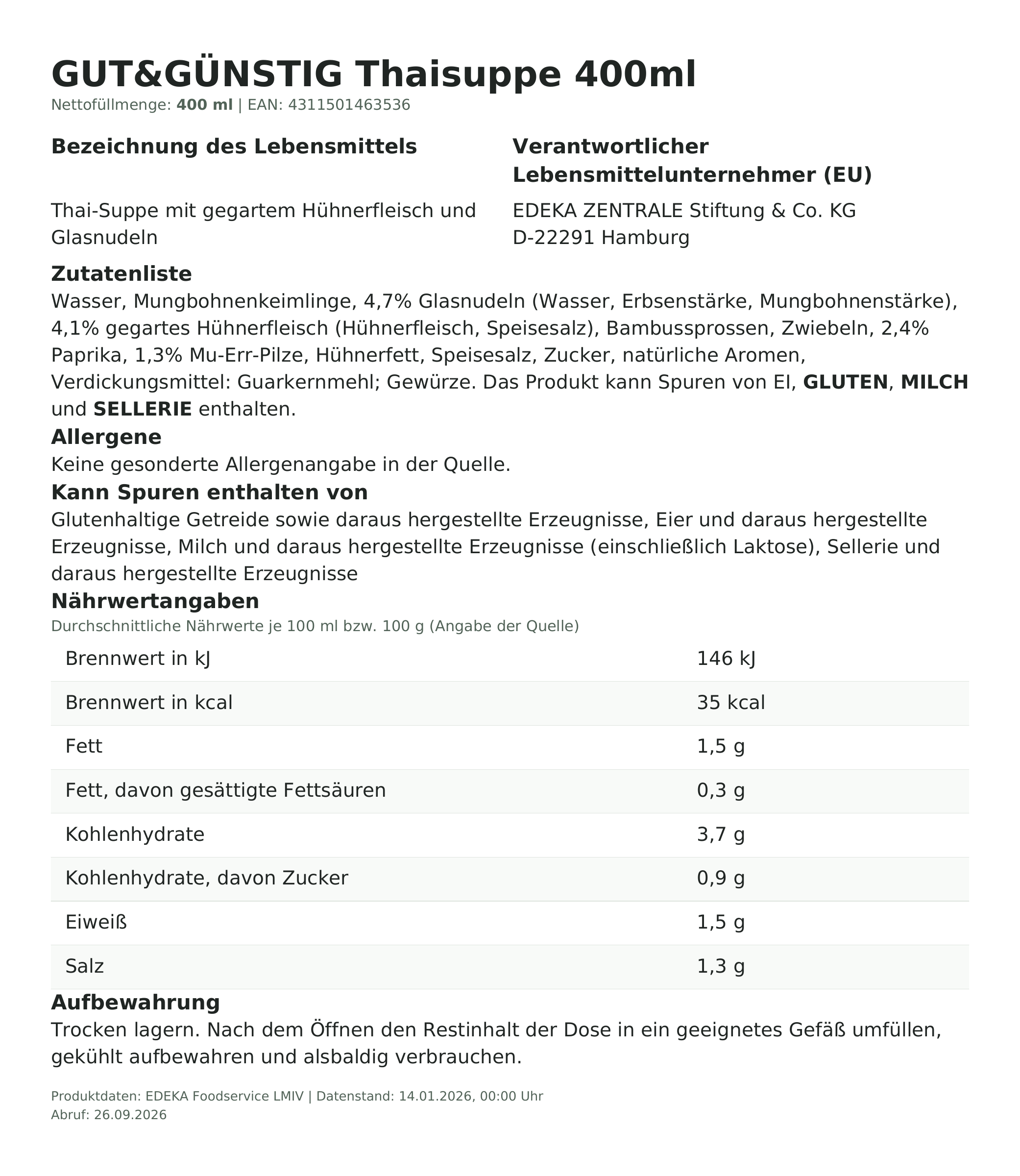 Produktinformationen – Gut&Günstig Thaisuppe 400ml