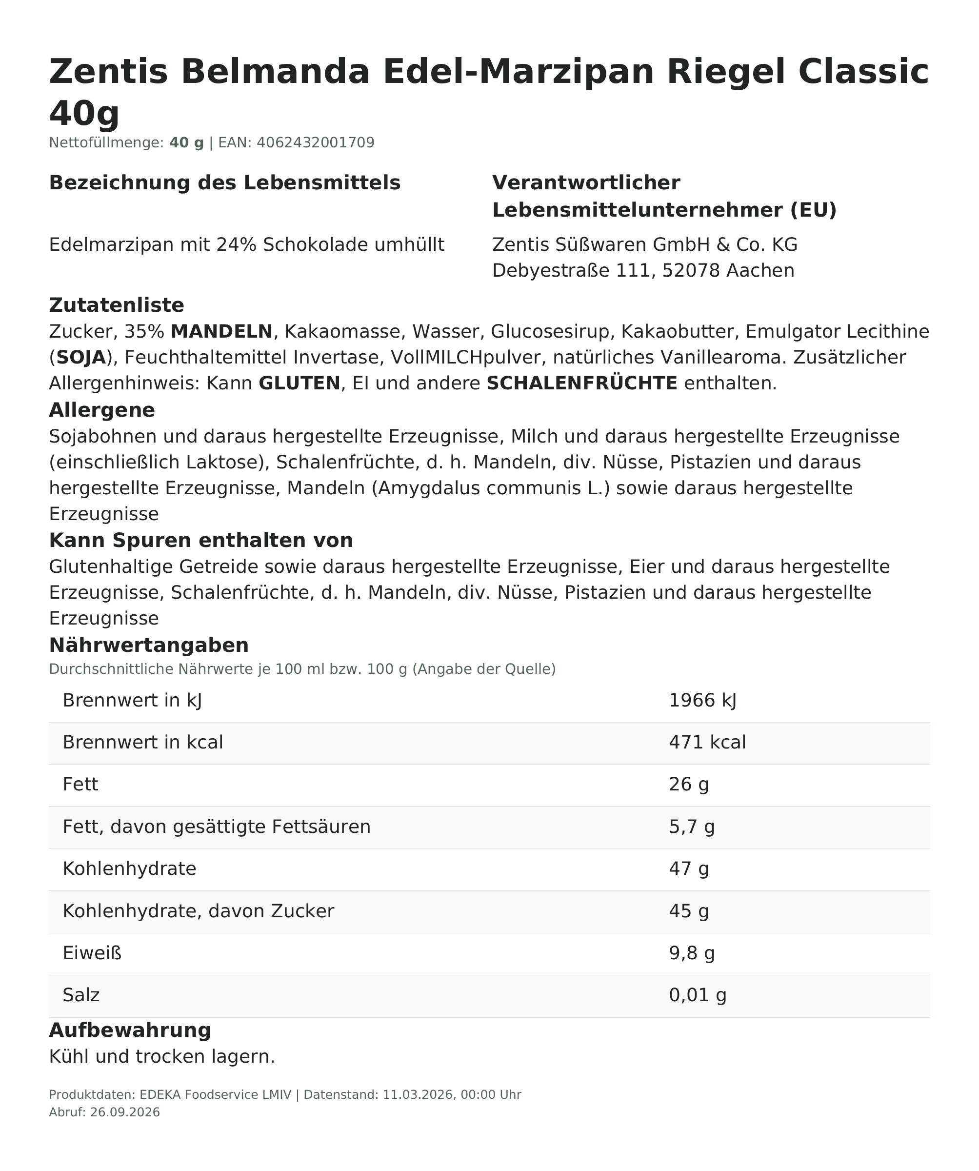 Produktinformationen – Zentis Belmanda Edel-Marzipan Riegel Classic 40g
