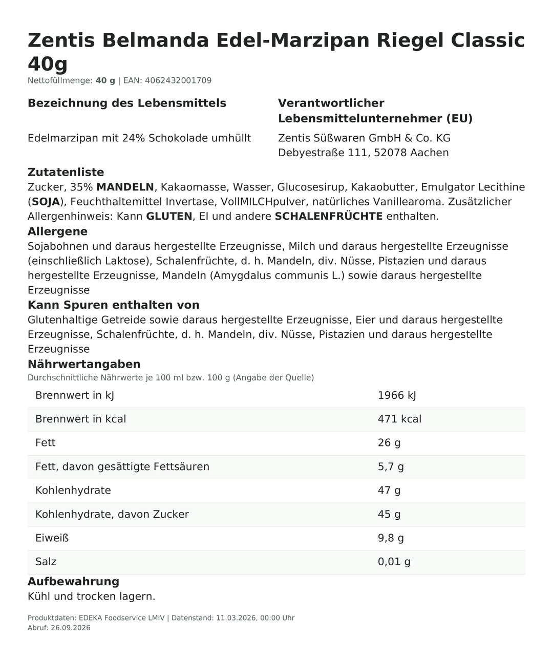 Produktinformationen zum Einzelprodukt – Zentis Belmanda Edel-Marzipan Riegel Classic 40g