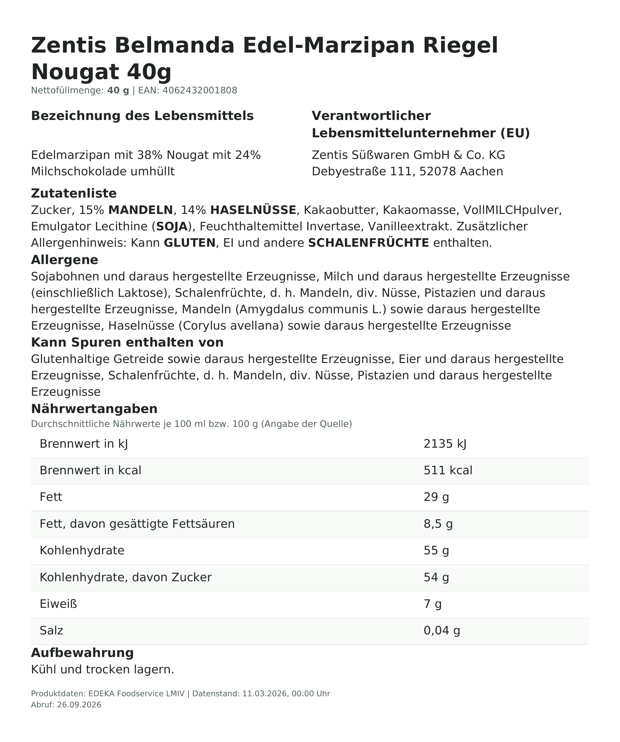Produktinformationen – Zentis Belmanda Edel-Marzipan Riegel Nougat 40g