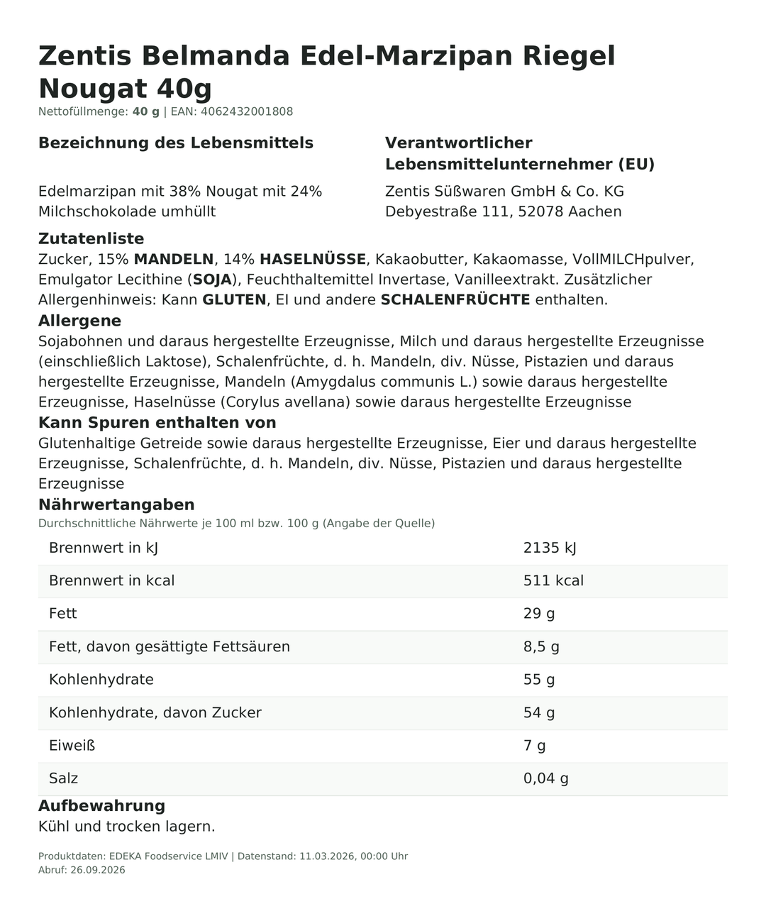 Produktinformationen zum Einzelprodukt – Zentis Belmanda Edel-Marzipan Riegel Nougat 40g