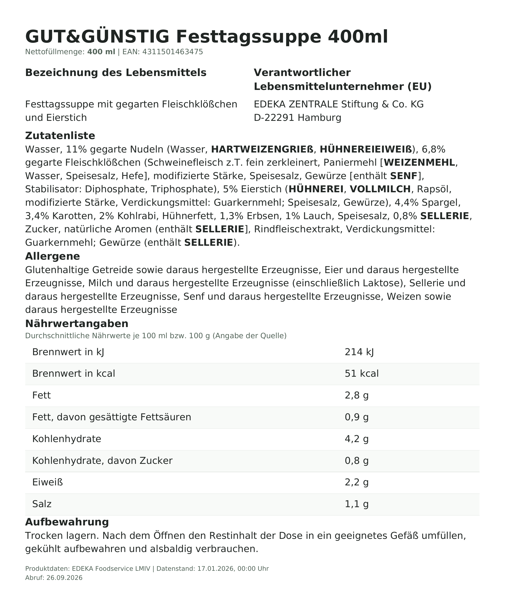 Festtagssuppe 400ml – Lebensmittelangaben