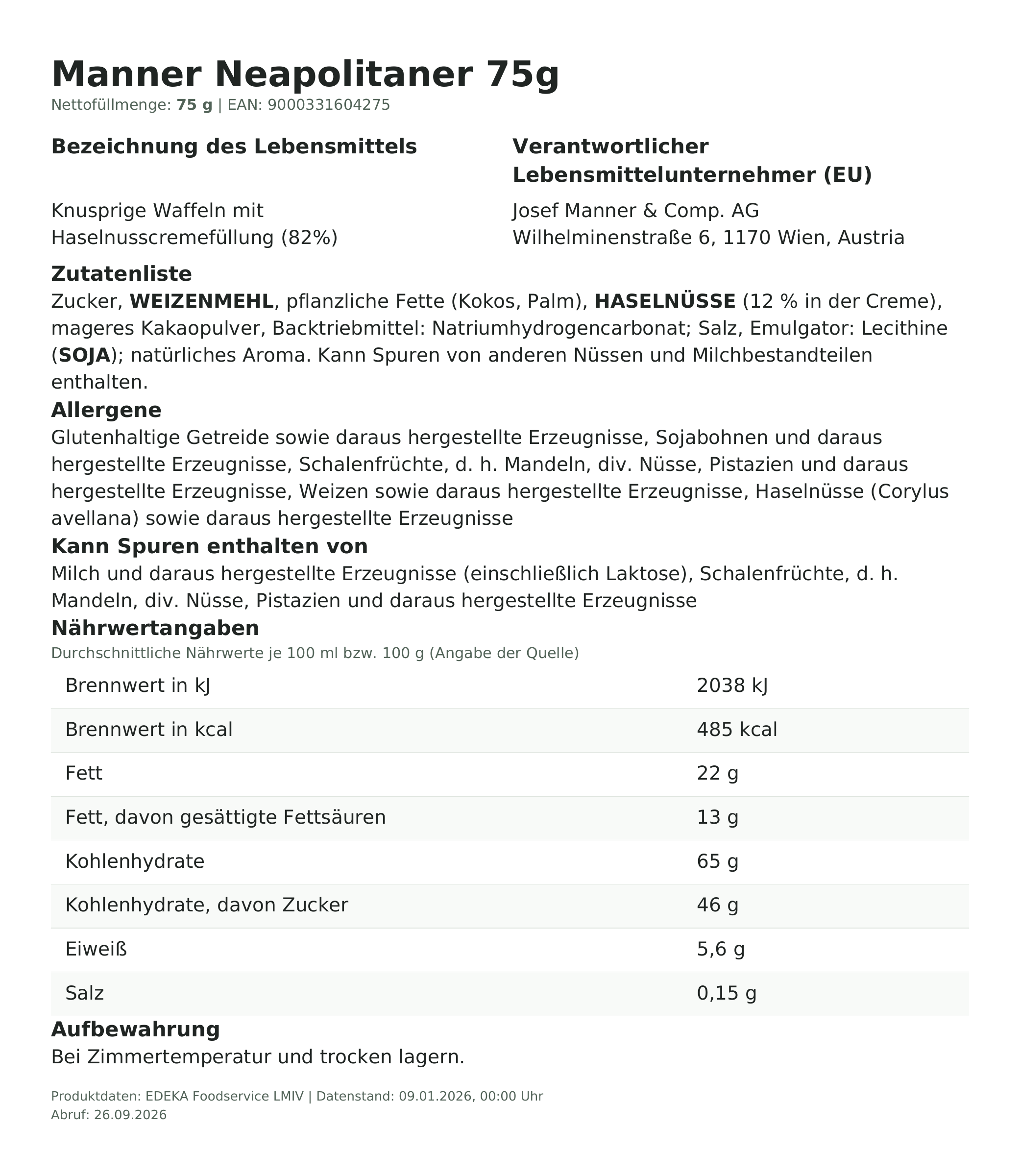 Produktinformationen – Manner Neapolitaner 75g