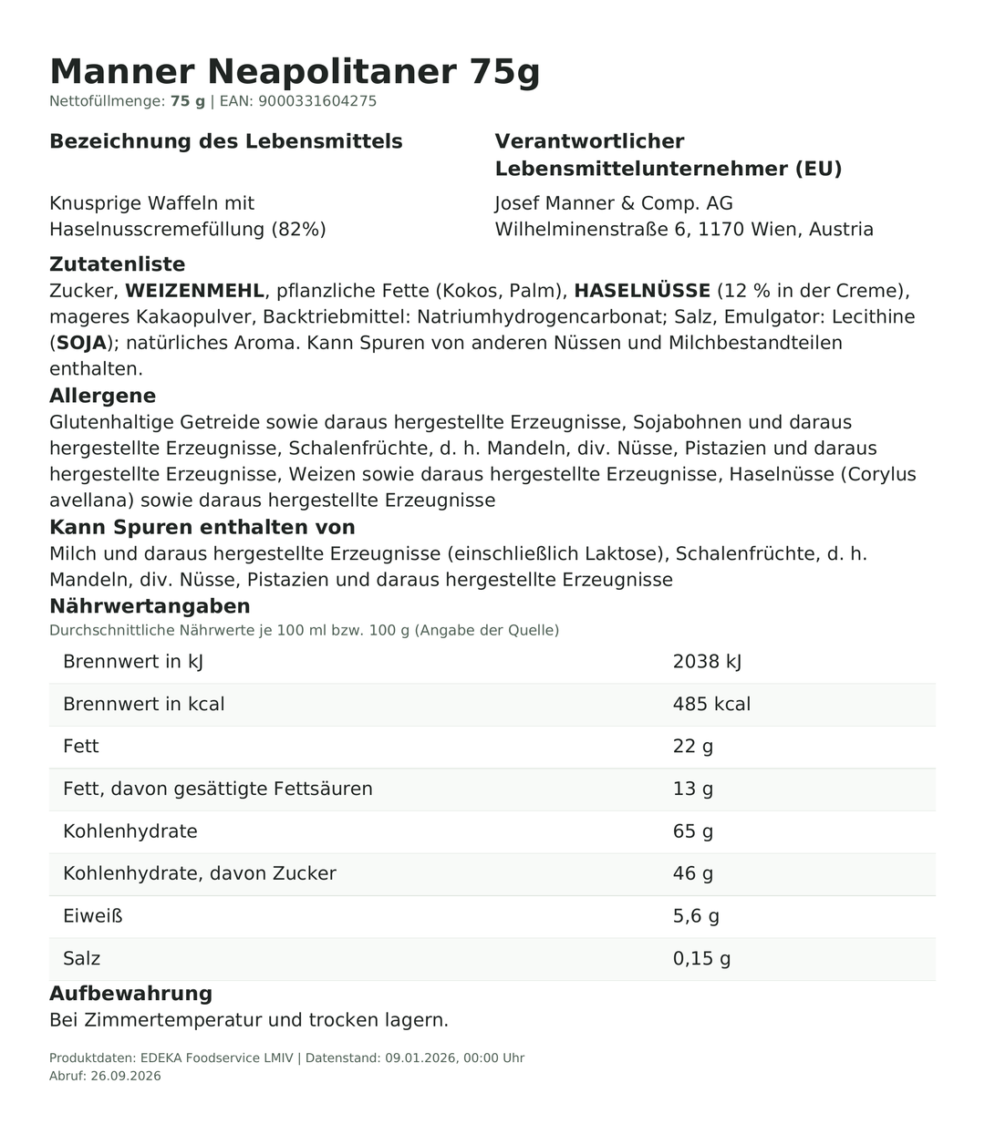 Produktinformationen zum Einzelprodukt – Manner Neapolitaner 75g