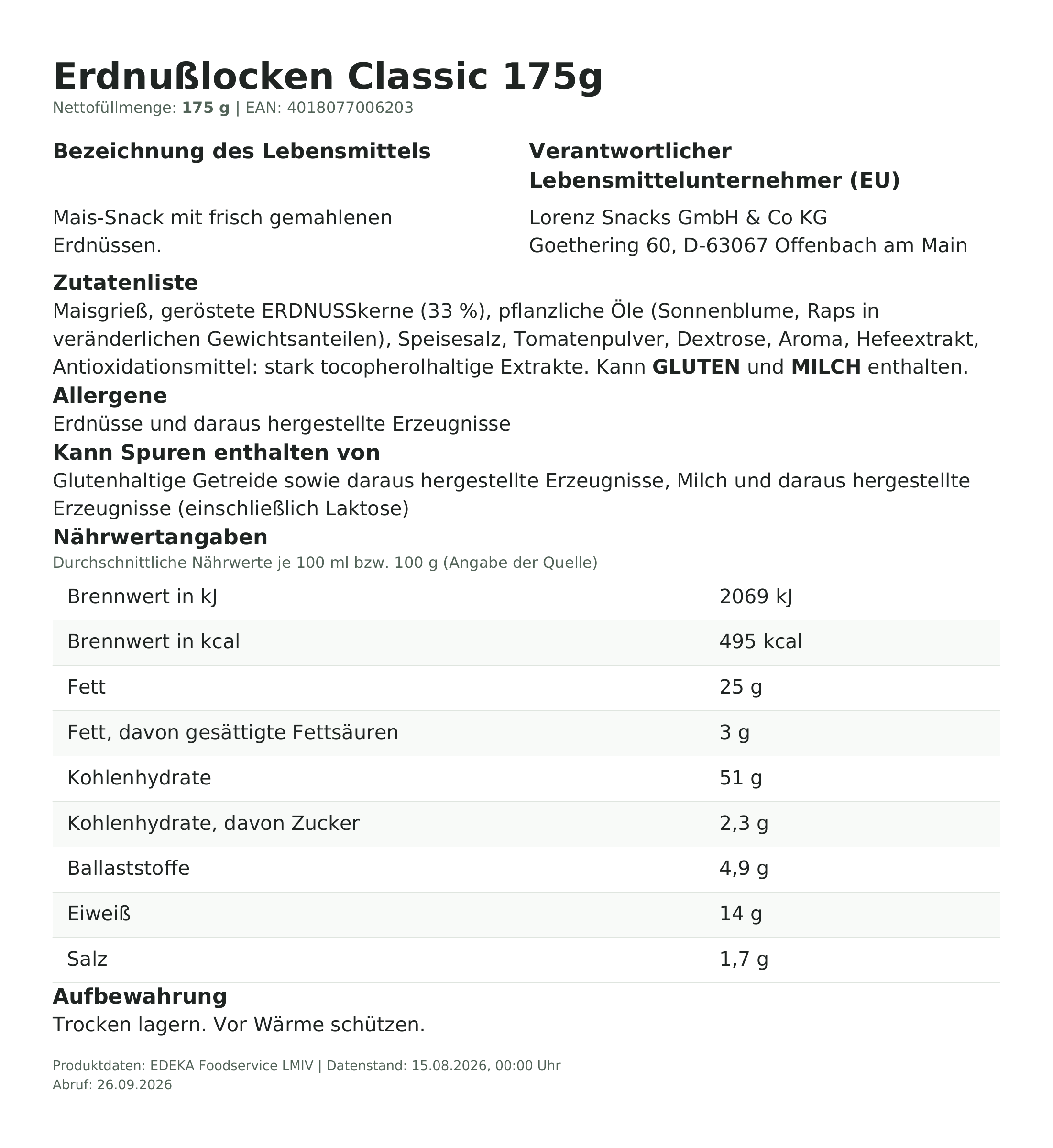 Lebensmittelinformationen: Lorenz ErdnußLocken Classic 175g