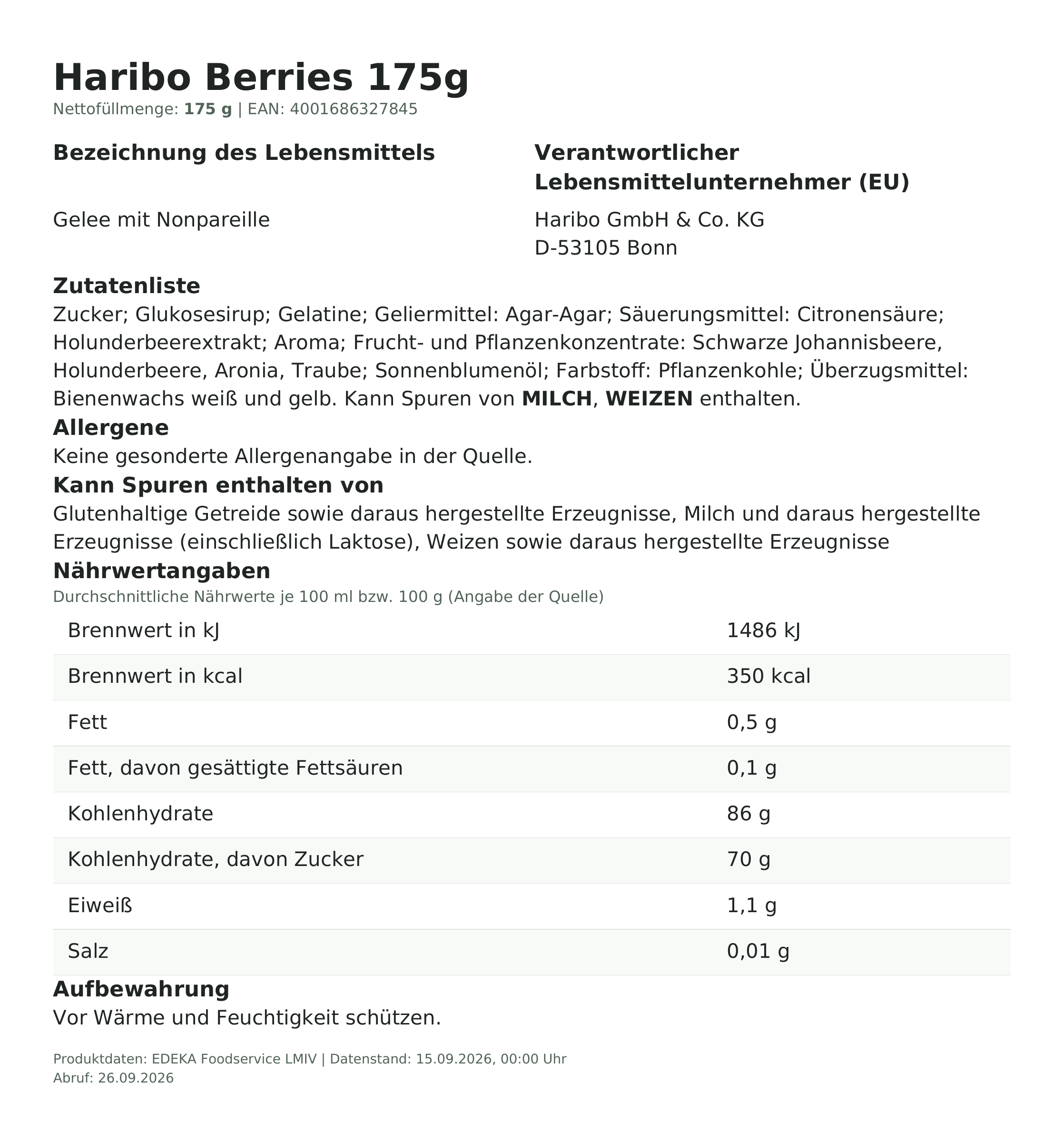 Lebensmittelinformationen: Haribo 175g Berries