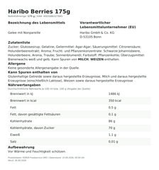 Lebensmittelinformationen: Haribo 175g Berries