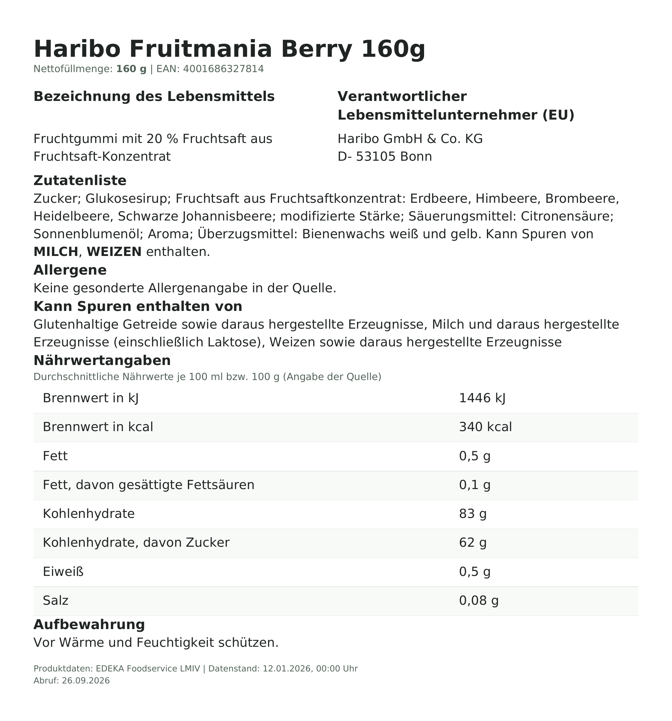 Lebensmittelinformationen: Haribo 160g Fruitmania Berry Veggie