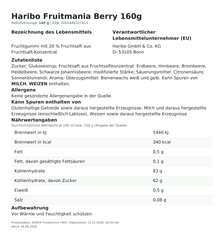 Lebensmittelinformationen: Haribo 160g Fruitmania Berry Veggie