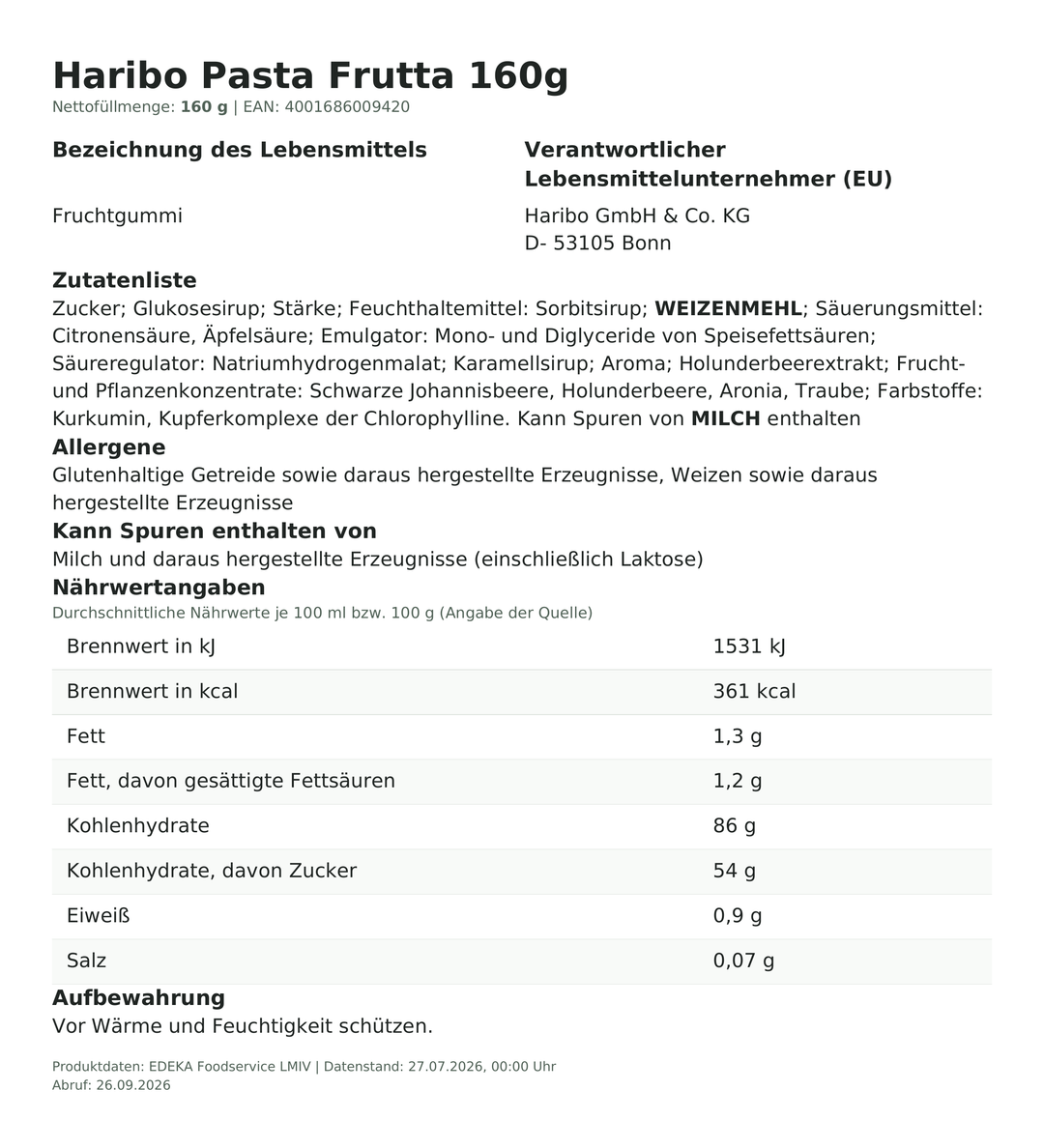 Produktinformationen zum Einzelprodukt – Haribo Pasta Frutta 160g