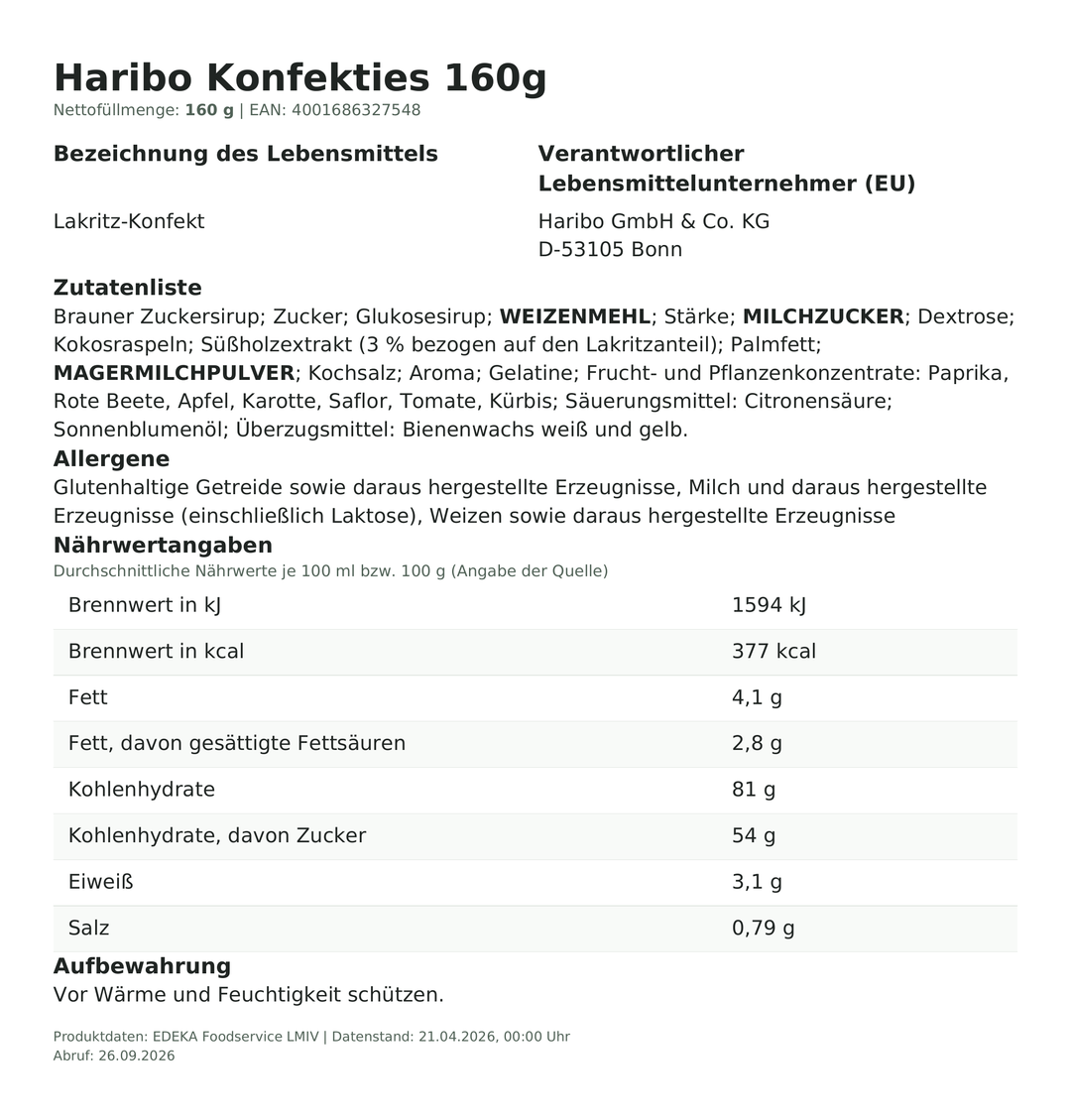 Produktinformationen zum Einzelprodukt – Haribo Konfekties 160g