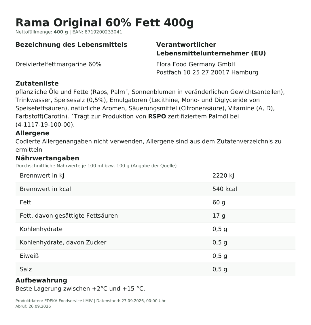 Produktinformationen – Rama Original 60% Fett 400g