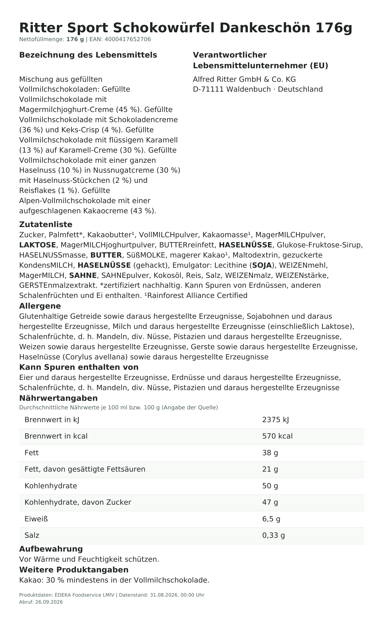 Produktinformationen – Ritter Sport Schokowürfel Dankeschön 176g