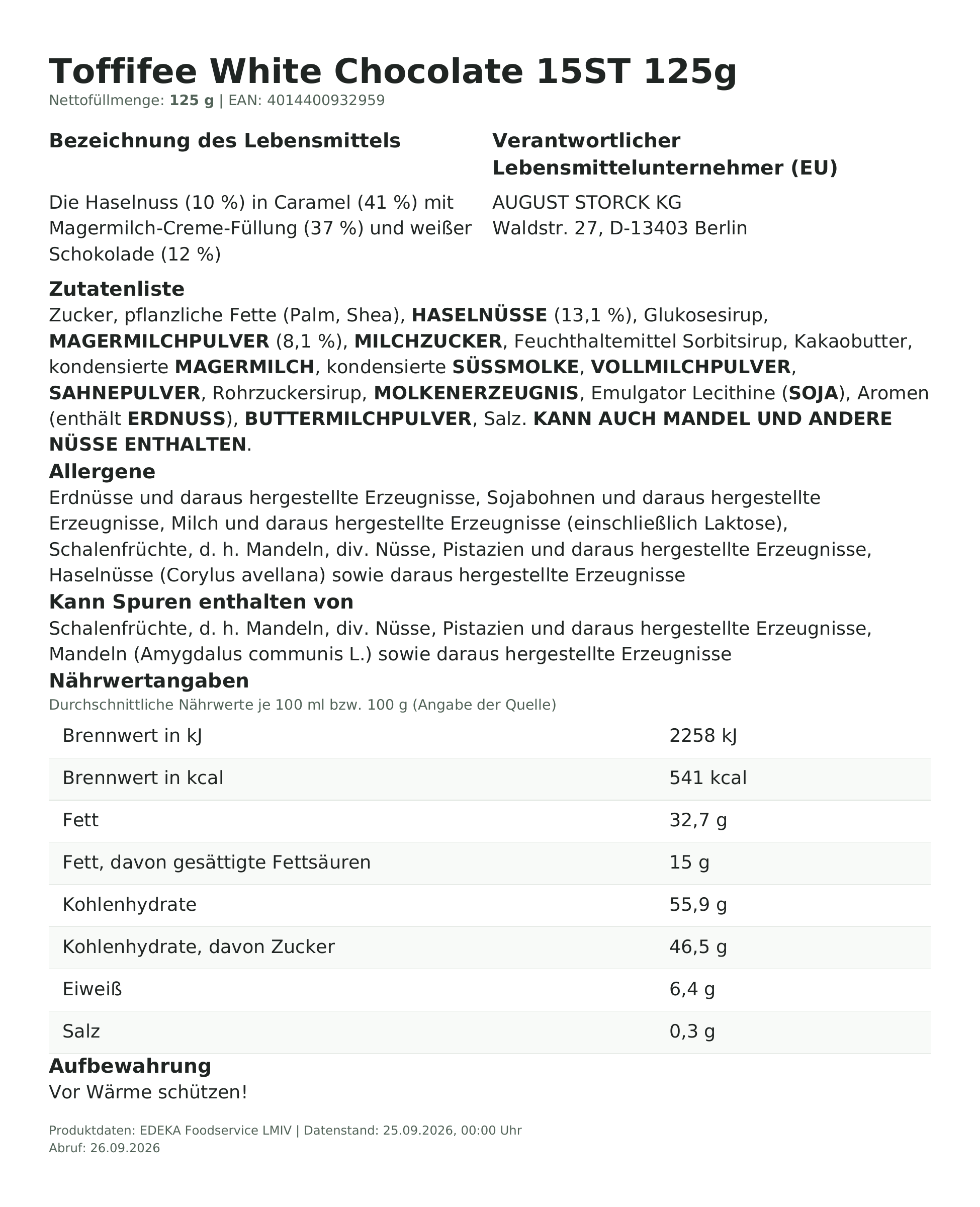 Lebensmittelinformationen: Toffifee White Chocolate 15er 125g