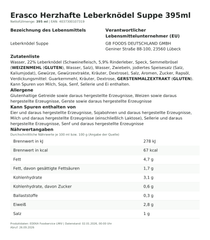 Erasco Herzhafte Leberknödel Suppe 395ml – Lebensmittelangaben