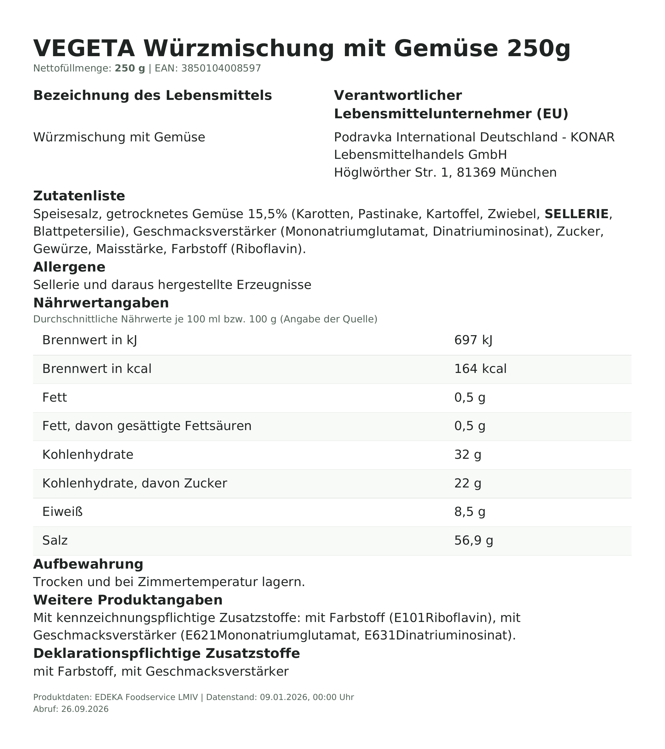 Lebensmittelinformationen: Vegeta Würzmischung Gemüse 250g