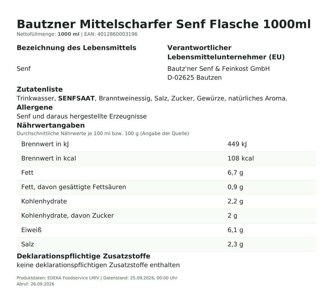 Produktinformationen zum Einzelprodukt – Bautzner Mittelscharfer Senf Flasche 1000ml
