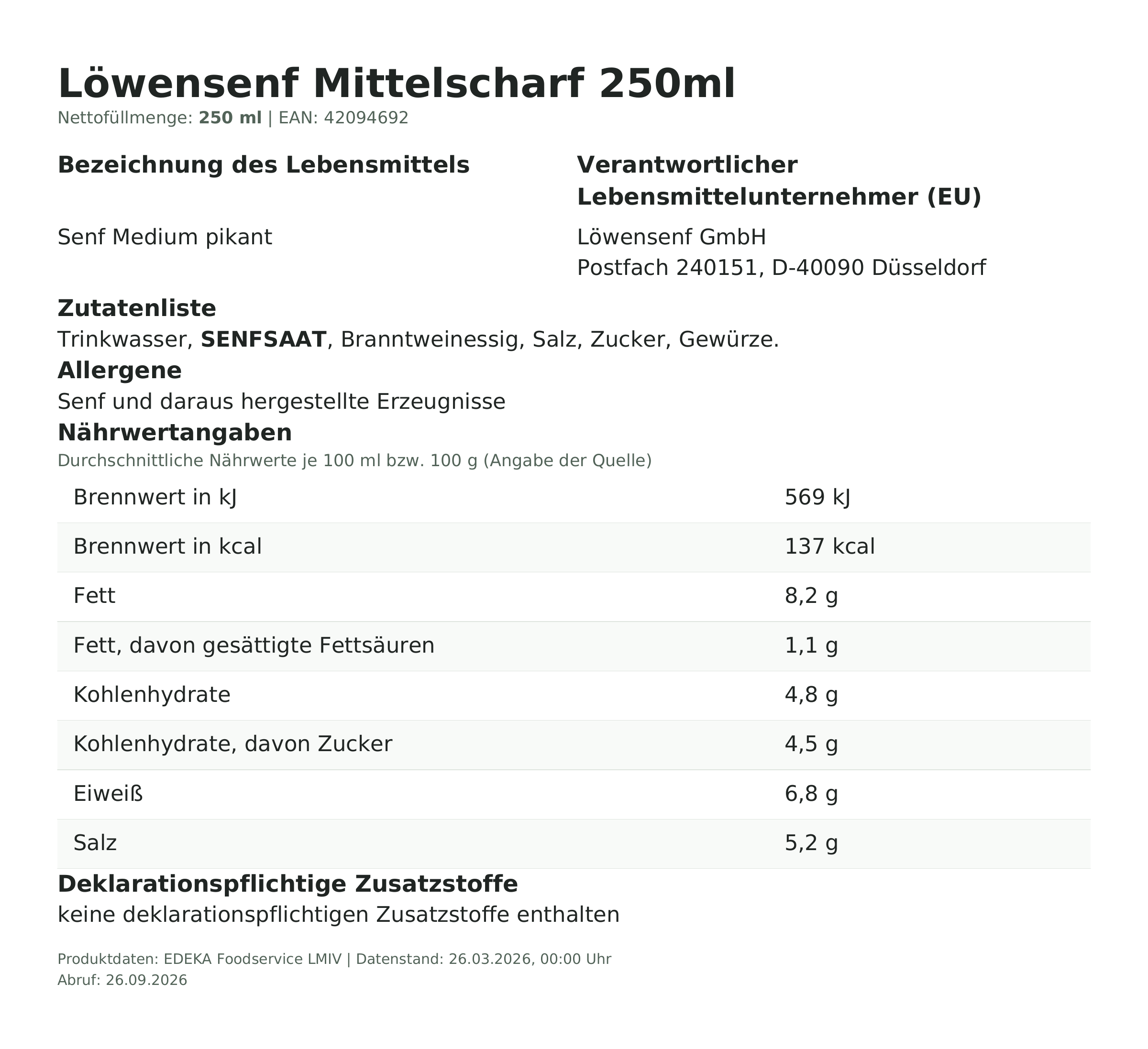 Lebensmittelinformationen: Löwensenf 250ml Medium