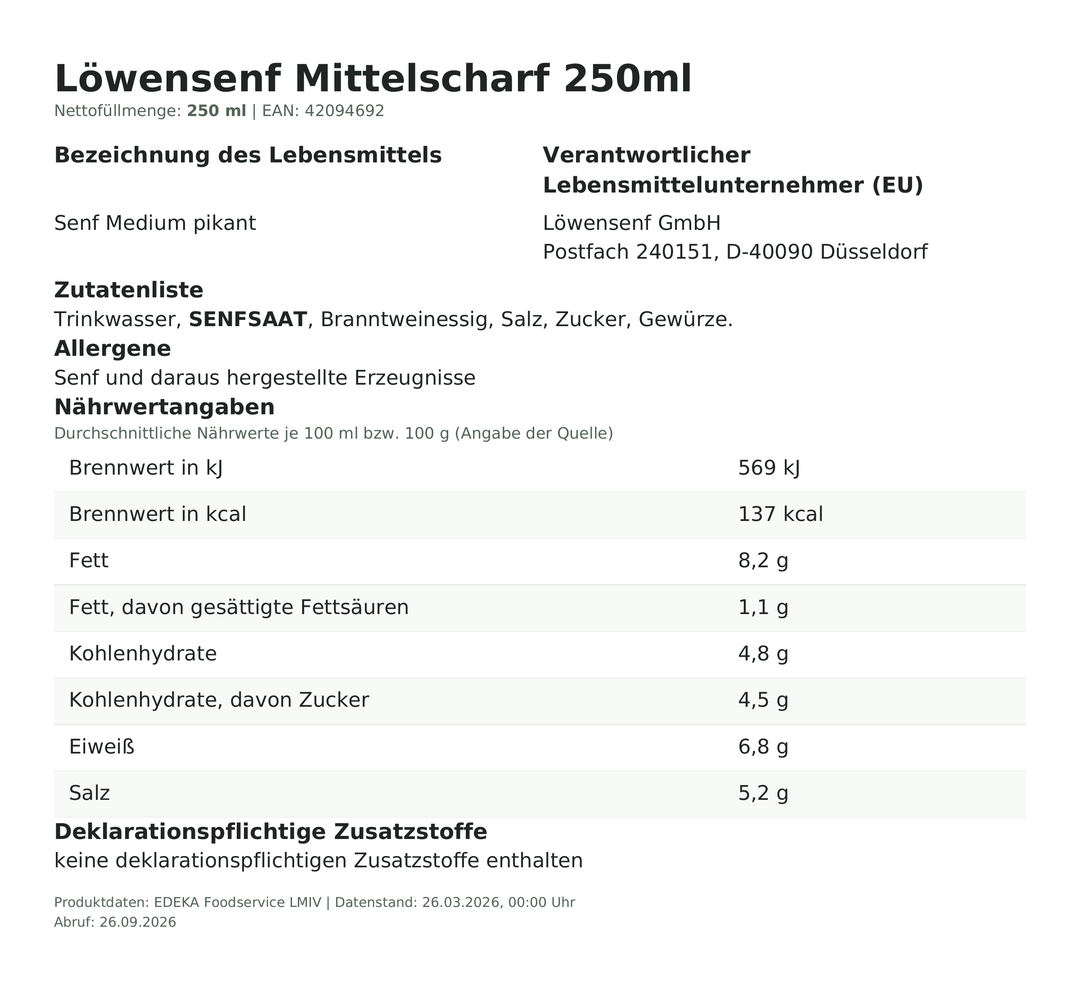 Produktinformationen zum Einzelprodukt – Löwensenf Mittelscharf 250ml