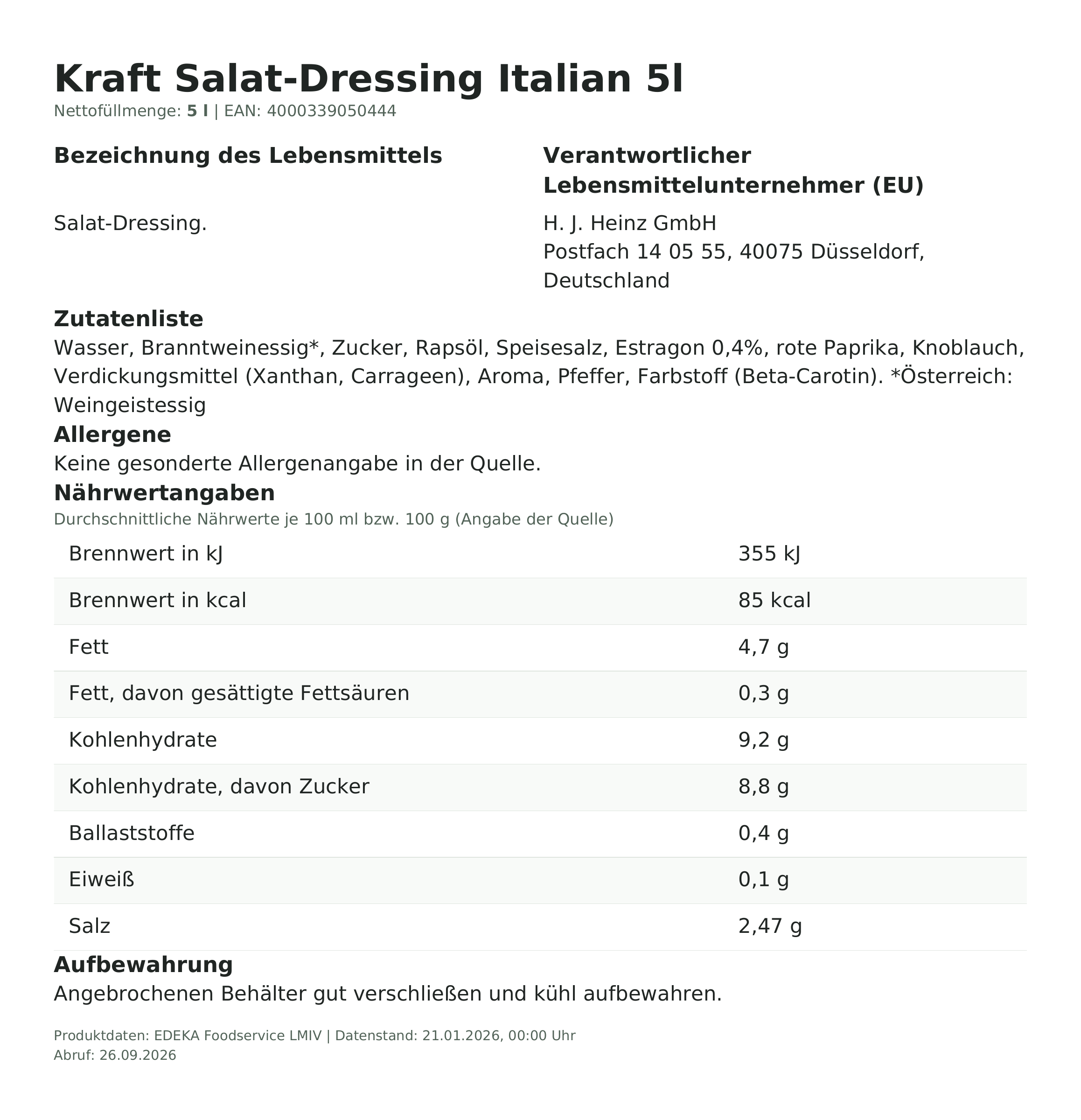 Lebensmittelinformationen: Kraft Dressing 5L Italian