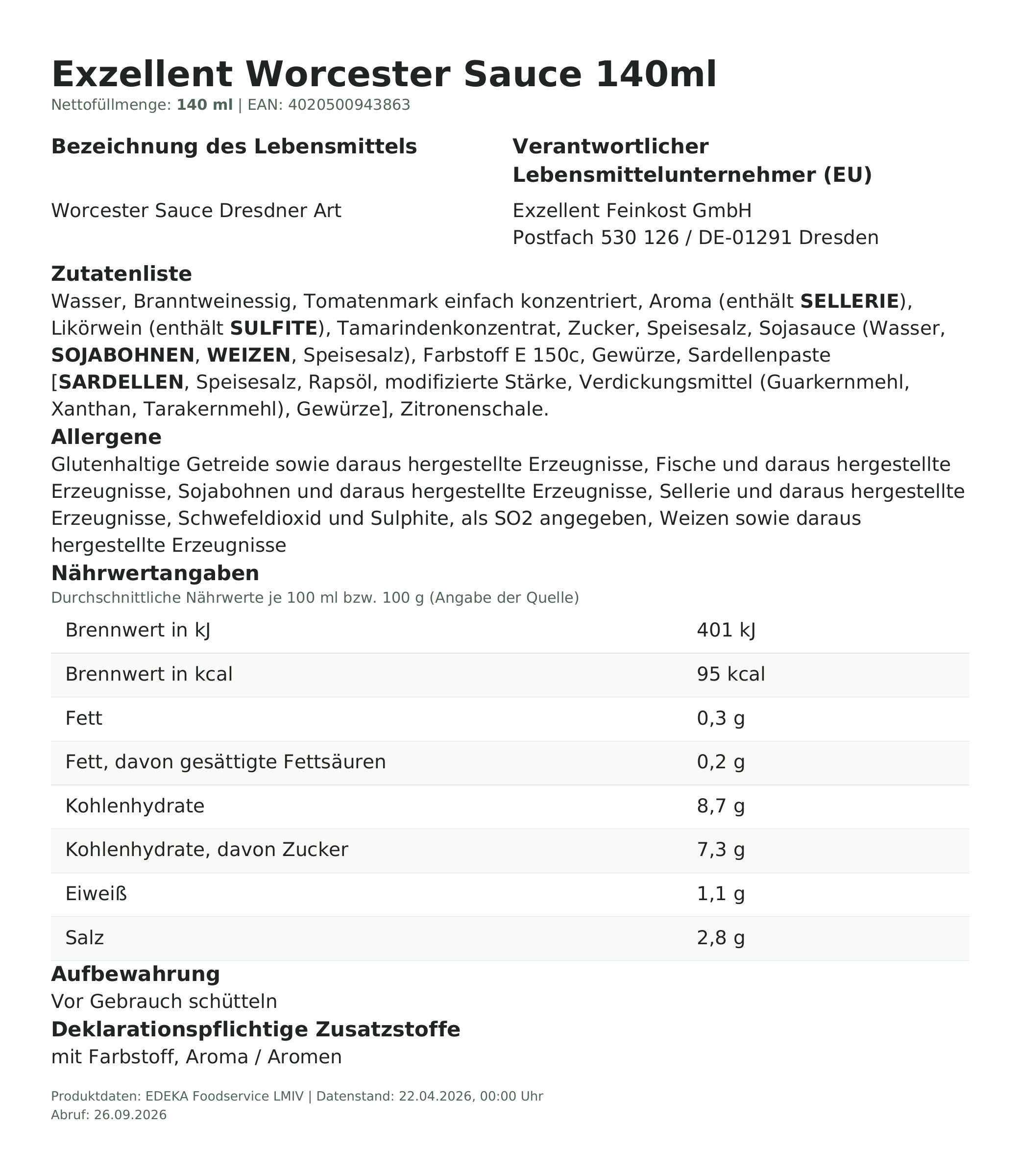 Exzellent Worcester Sauce 140ml – Lebensmittelangaben
