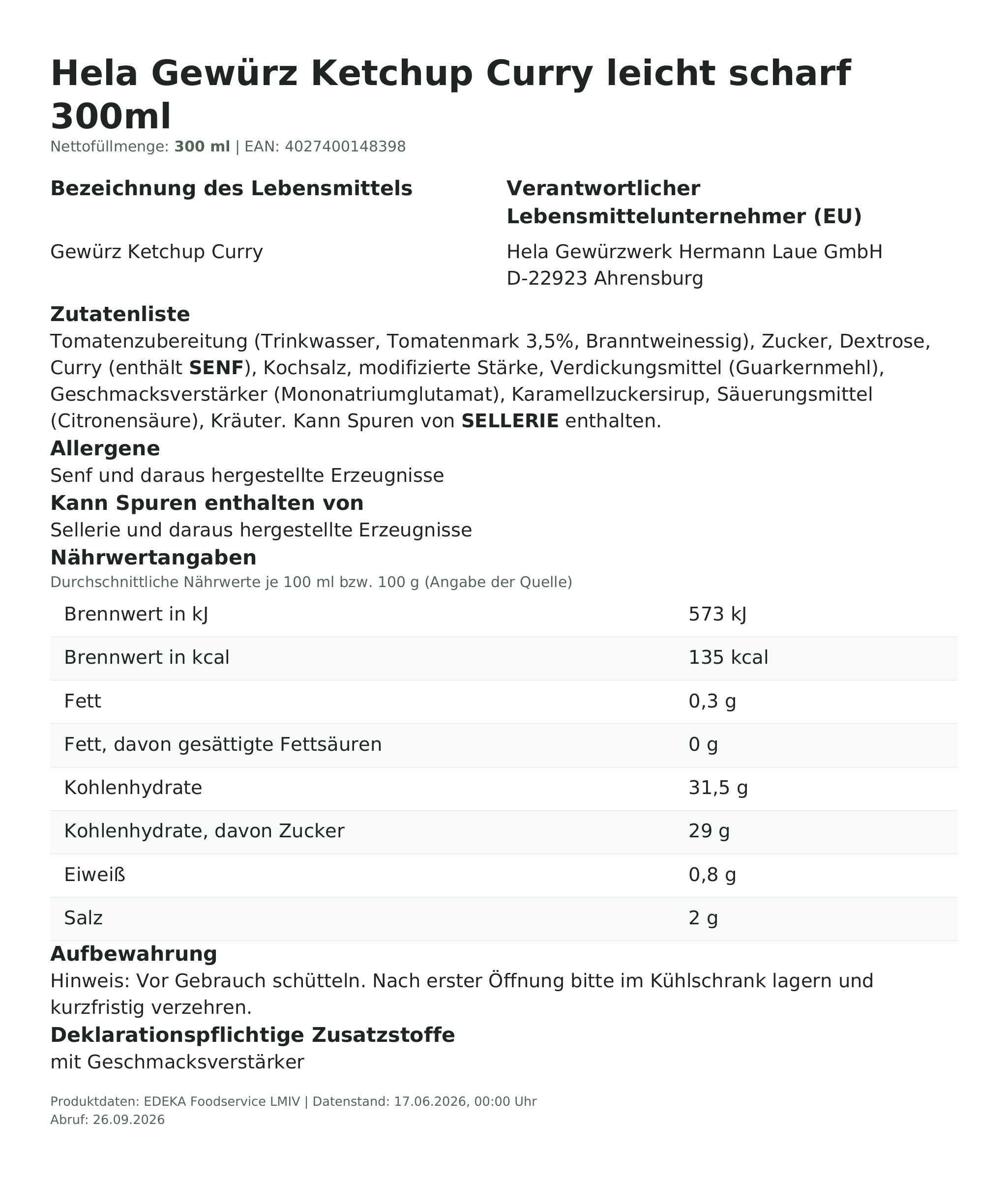 Produktinformationen – Hela Gewürz Ketchup Curry leicht scharf 300ml