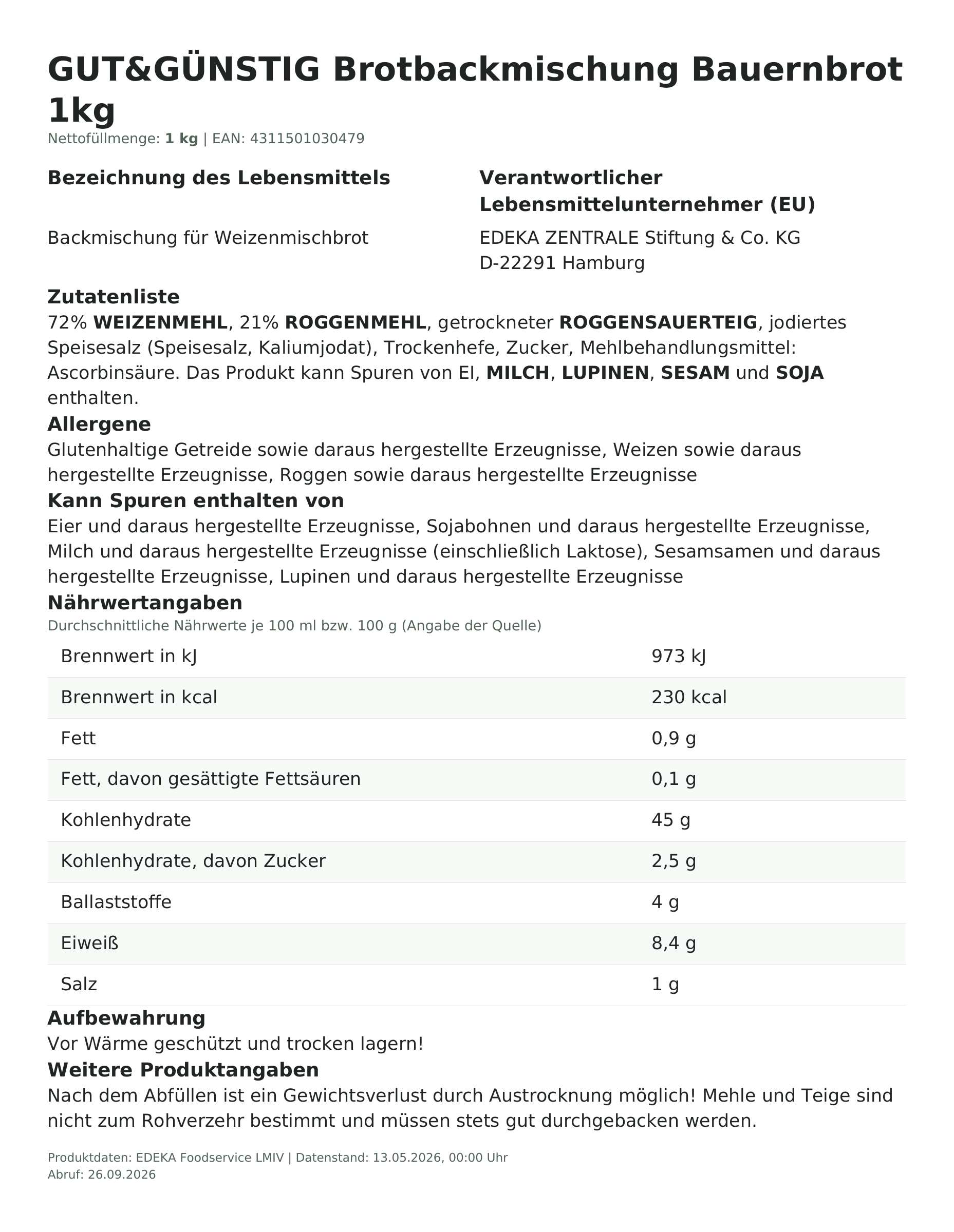 Lebensmittelinformationen: GUT&GÜNSTIG Brotbackmischung Bauernbrot 1kg