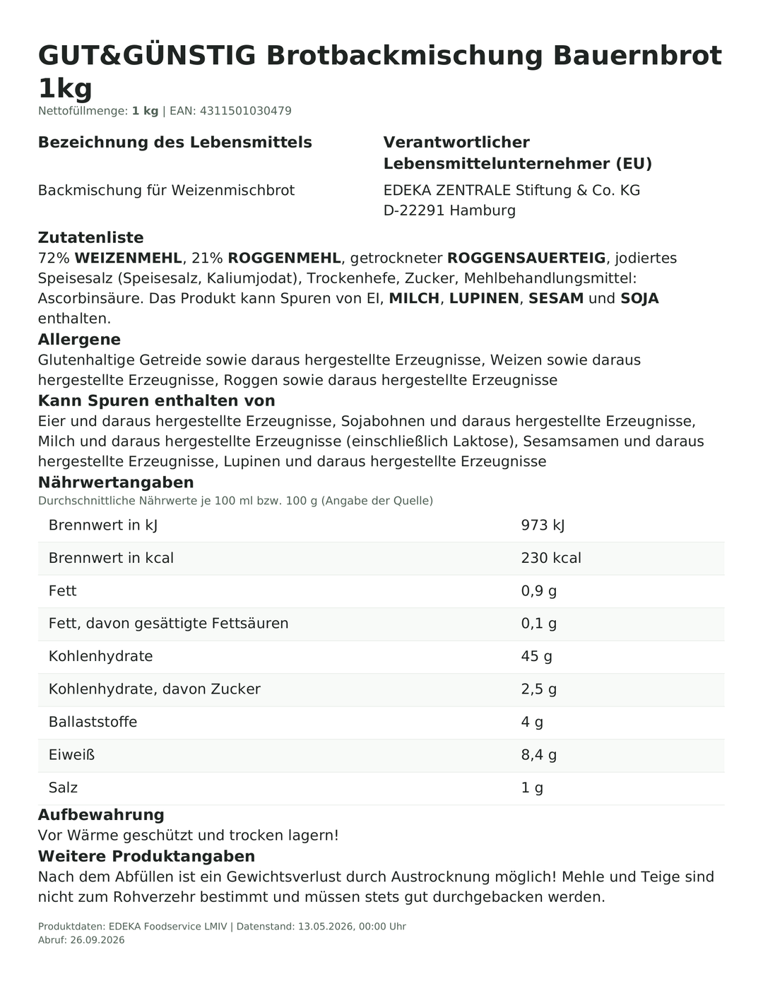 Produktinformationen zum Einzelprodukt – Gut&Günstig Brotbackmischung Bauernbrot 1kg