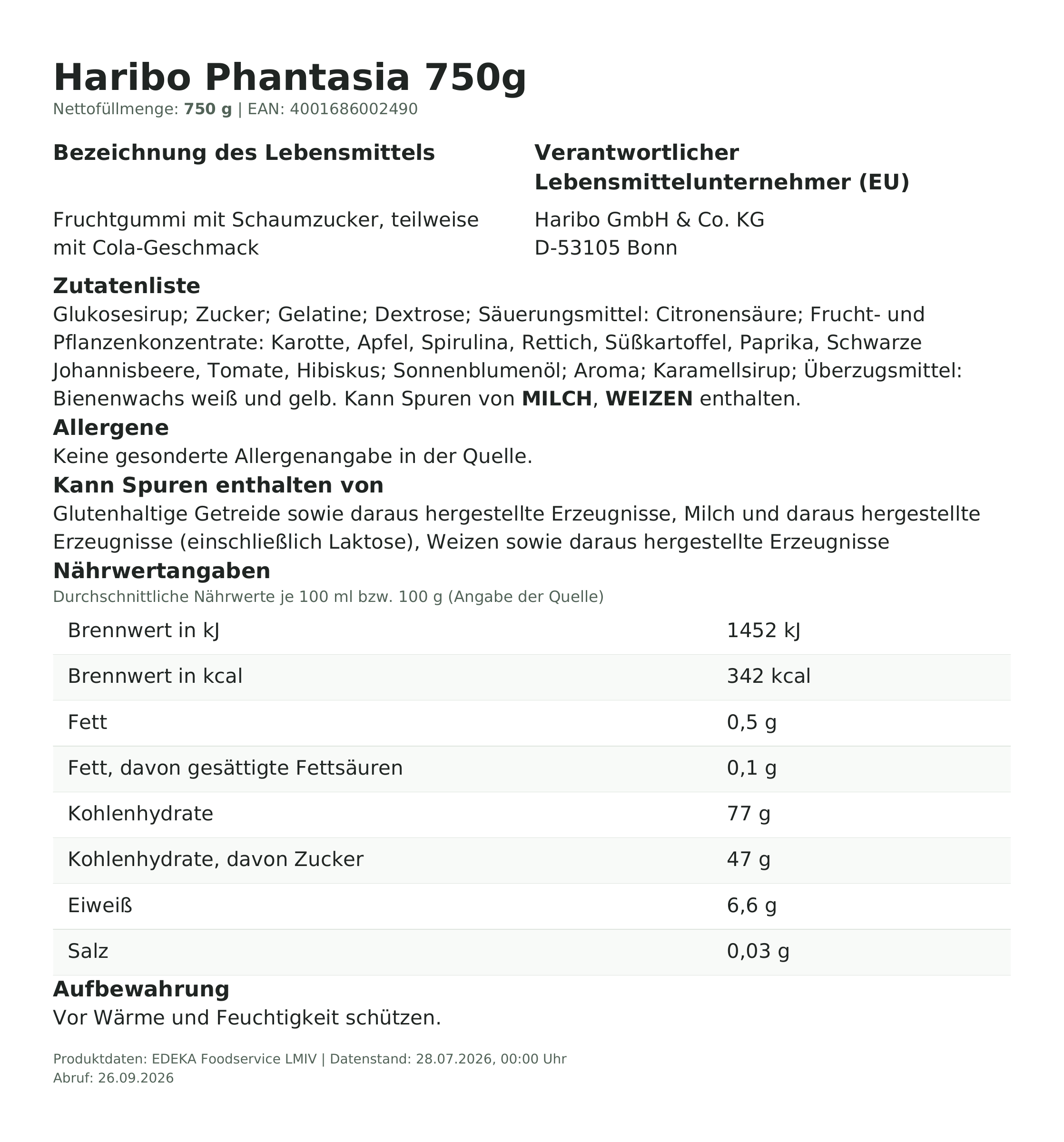 Lebensmittelinformationen: Haribo Dose 750g Phantasia