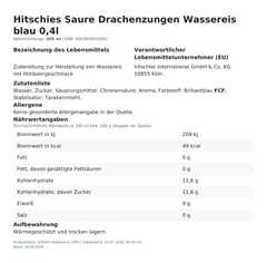 Lebensmittelinformationen: hitschies Wassereis Saure Drachenzung.Blau 10x40ml