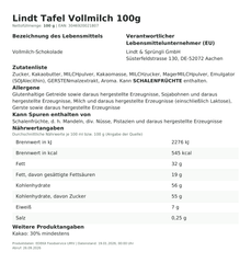 Lebensmittelinformationen: Lindt Maitre Chocolatier Vollmilch Tafel 100g