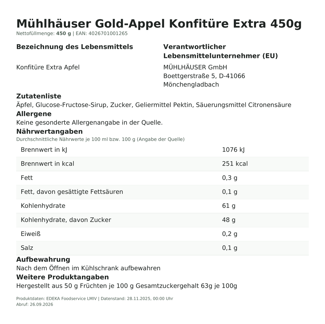 Produktinformationen zum Einzelprodukt – Mühlhäuser Gold-Appel Konfitüre Extra 450g