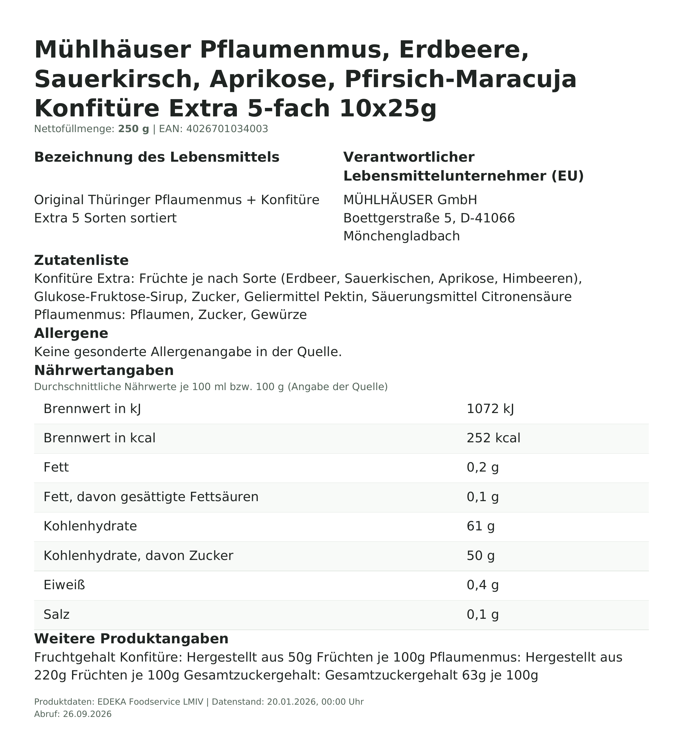 Produktinformationen – Mühlhäuser Pflaumenmus, Erdbeere, Sauerkirsch, Aprikose, Pfirsich-Maracuja Konfitüre Extra 5-fach 10x25g