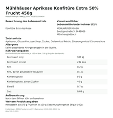 Produktinformationen – Mühlhäuser Aprikose Konfitüre Extra 50% Frucht 450g