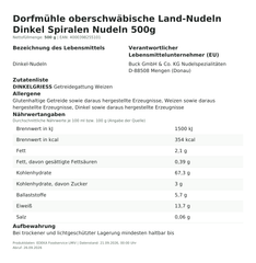 Produktinformationen – Dorfmühle oberschwäbische Land-Nudeln Dinkel Spiralen Nudeln 500g