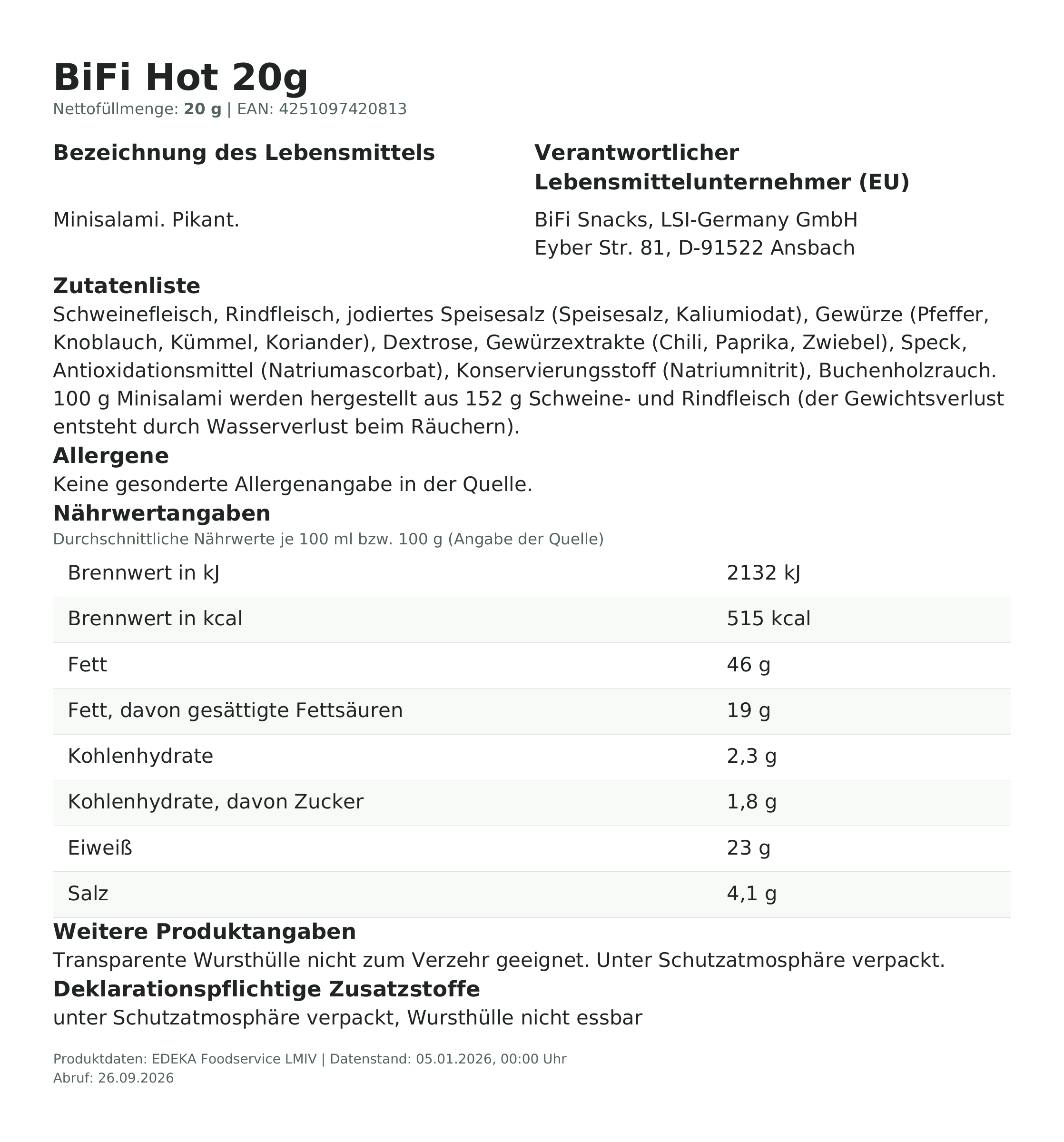 Lebensmittelinformationen: * BiFi  Hot Mini-Salami 20g