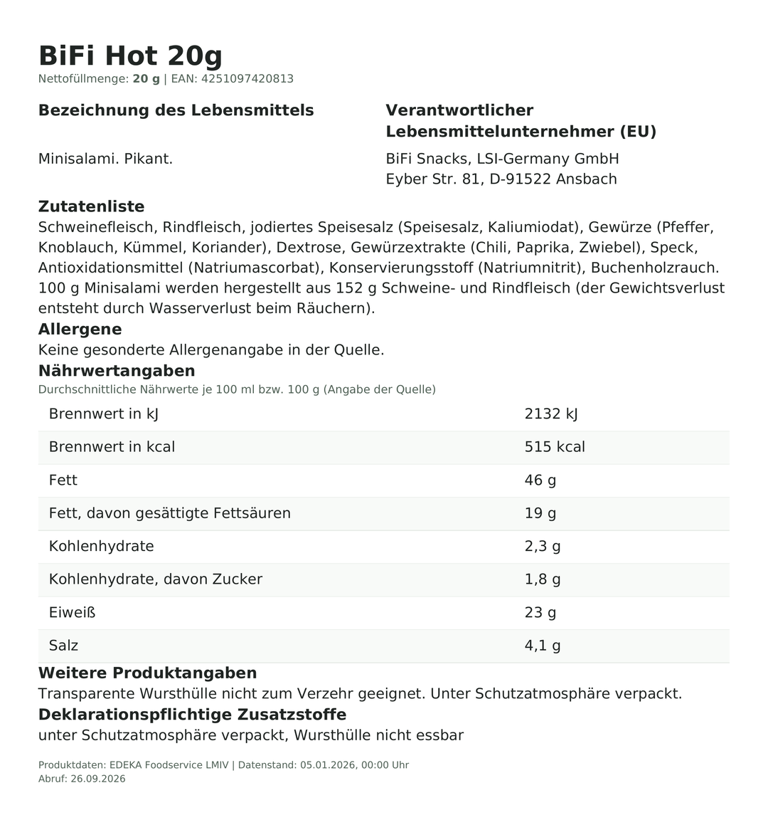 Produktinformationen zum Einzelprodukt – BiFi Hot 20g