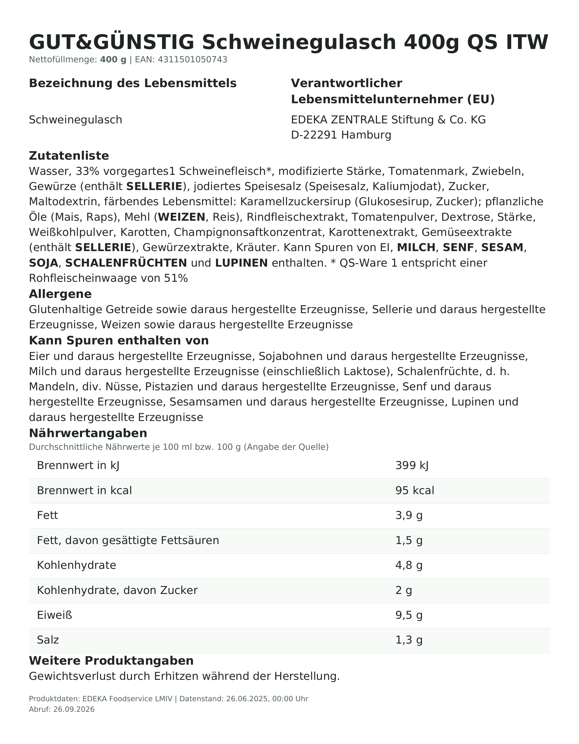 Produktinformationen – Gut&Günstig Schweinegulasch 400g QS ITW