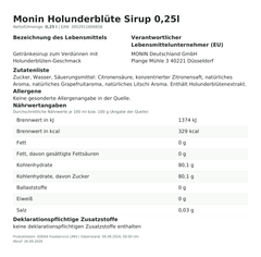 Produktinformationen – Monin Holunderblüte Sirup 0,25l