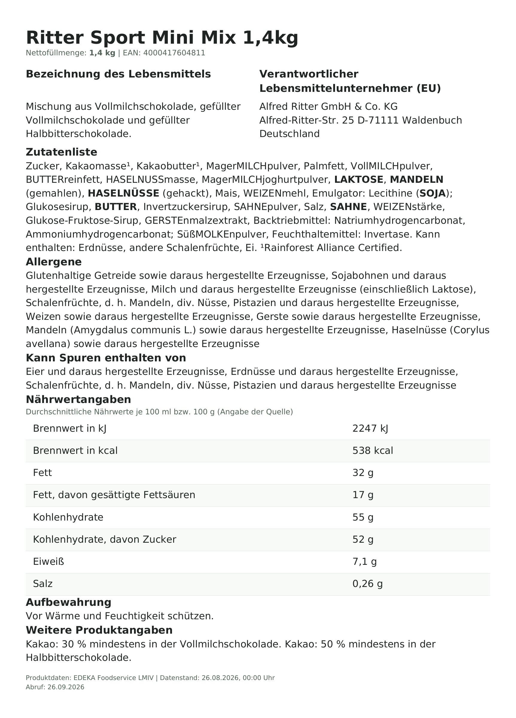 Lebensmittelinformationen: Ritter Sport Mini Bunter Mix 84er 1,4kg