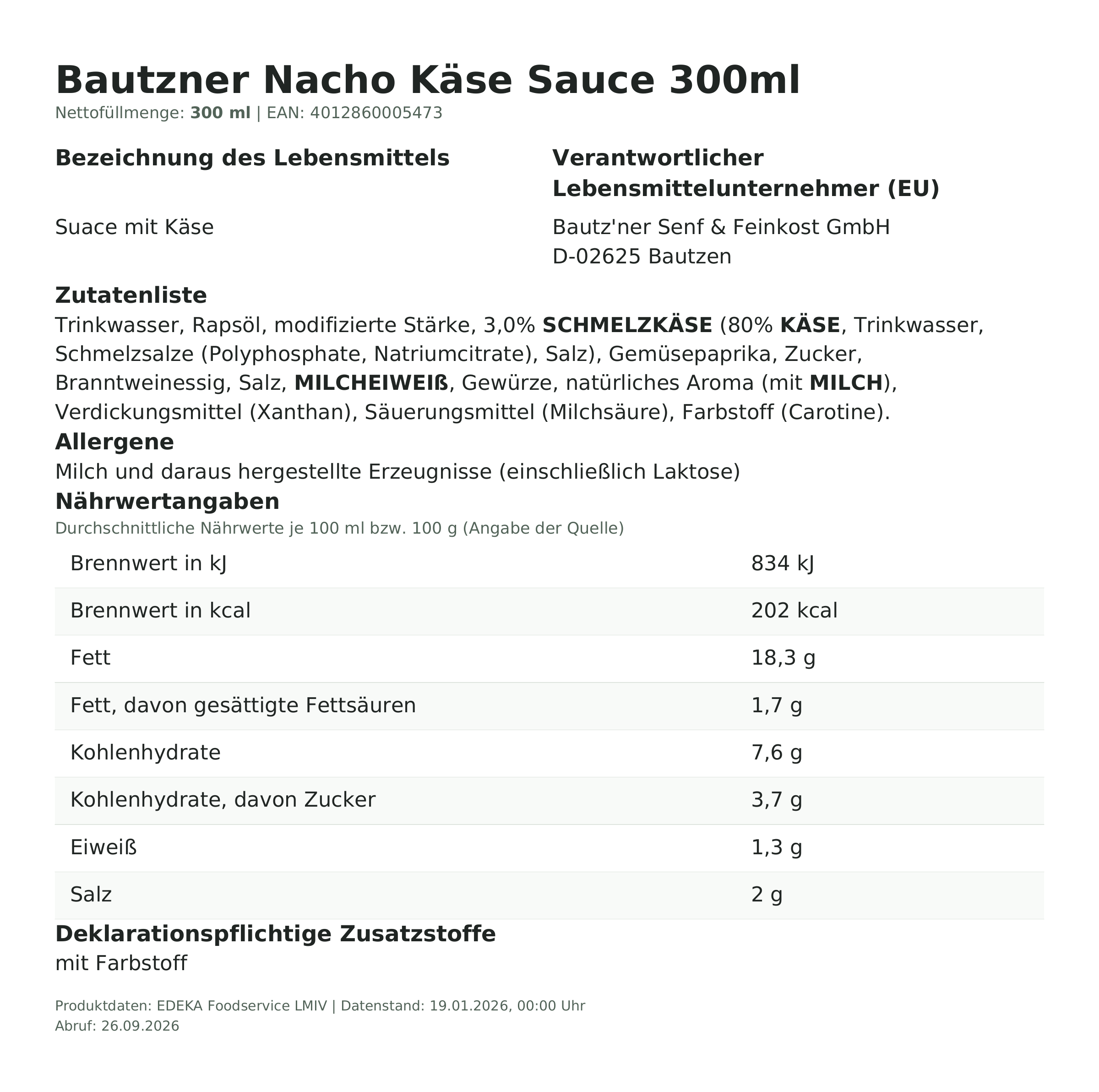 Lebensmittelinformationen: Bautzner Sn-Sauce Nacho Käse 300ml