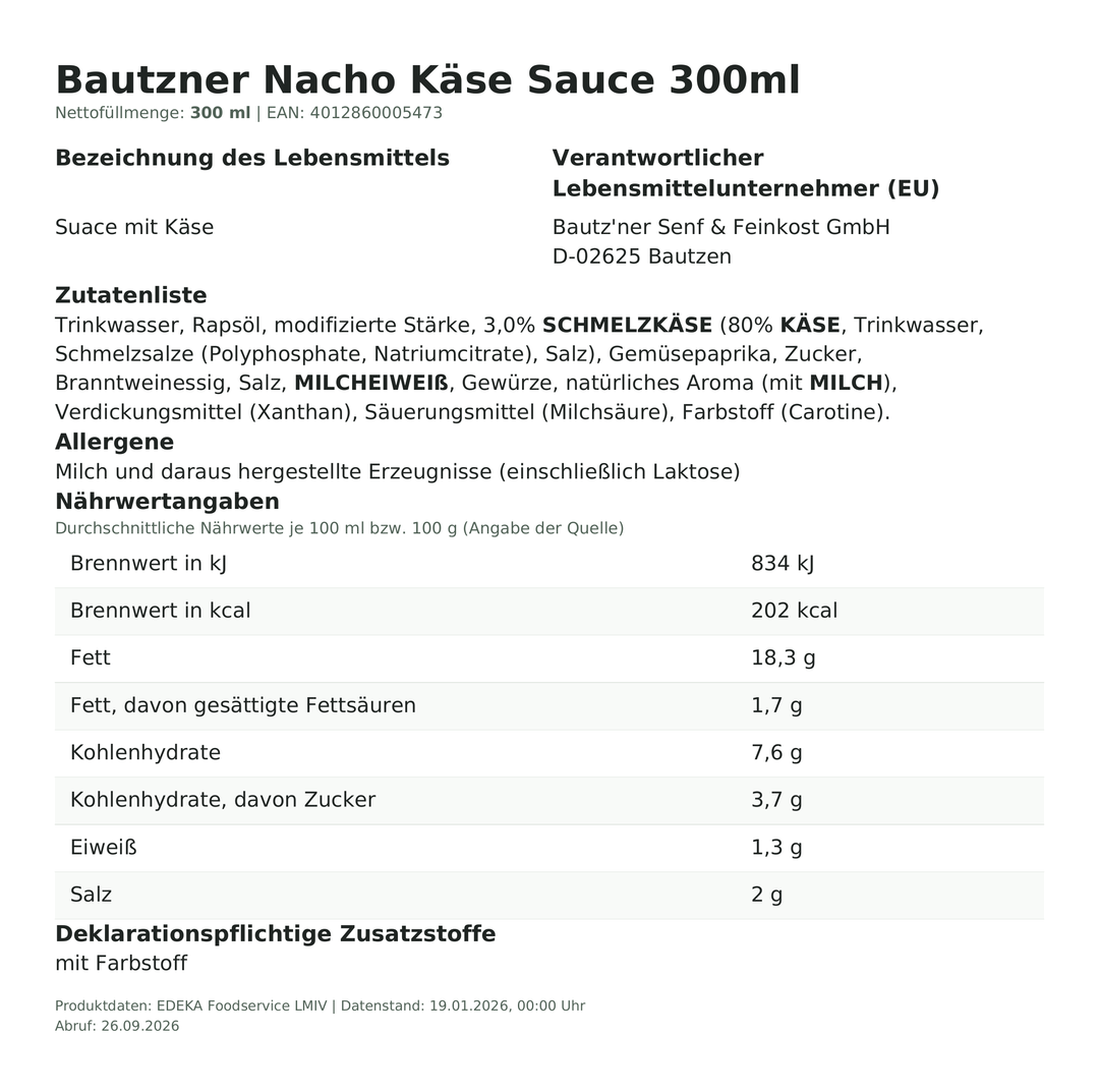 Produktinformationen – Bautzner Nacho Käse Sauce 300ml