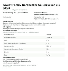 Sweet Family Nordzucker Gelierzucker 2:1 500g – Lebensmittelangaben