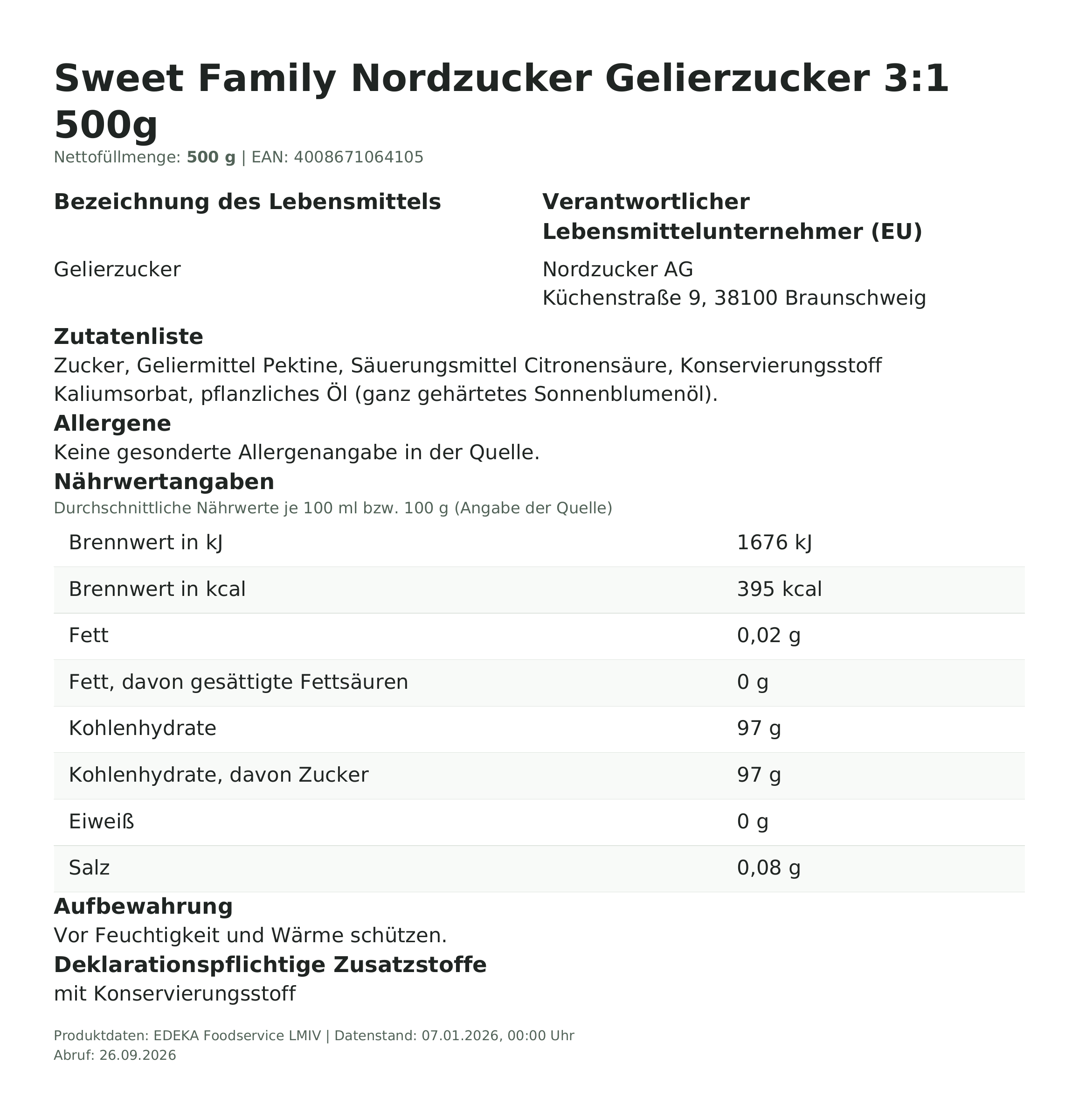 Sweet Family Nordzucker Gelierzucker 3:1 500g – Lebensmittelangaben