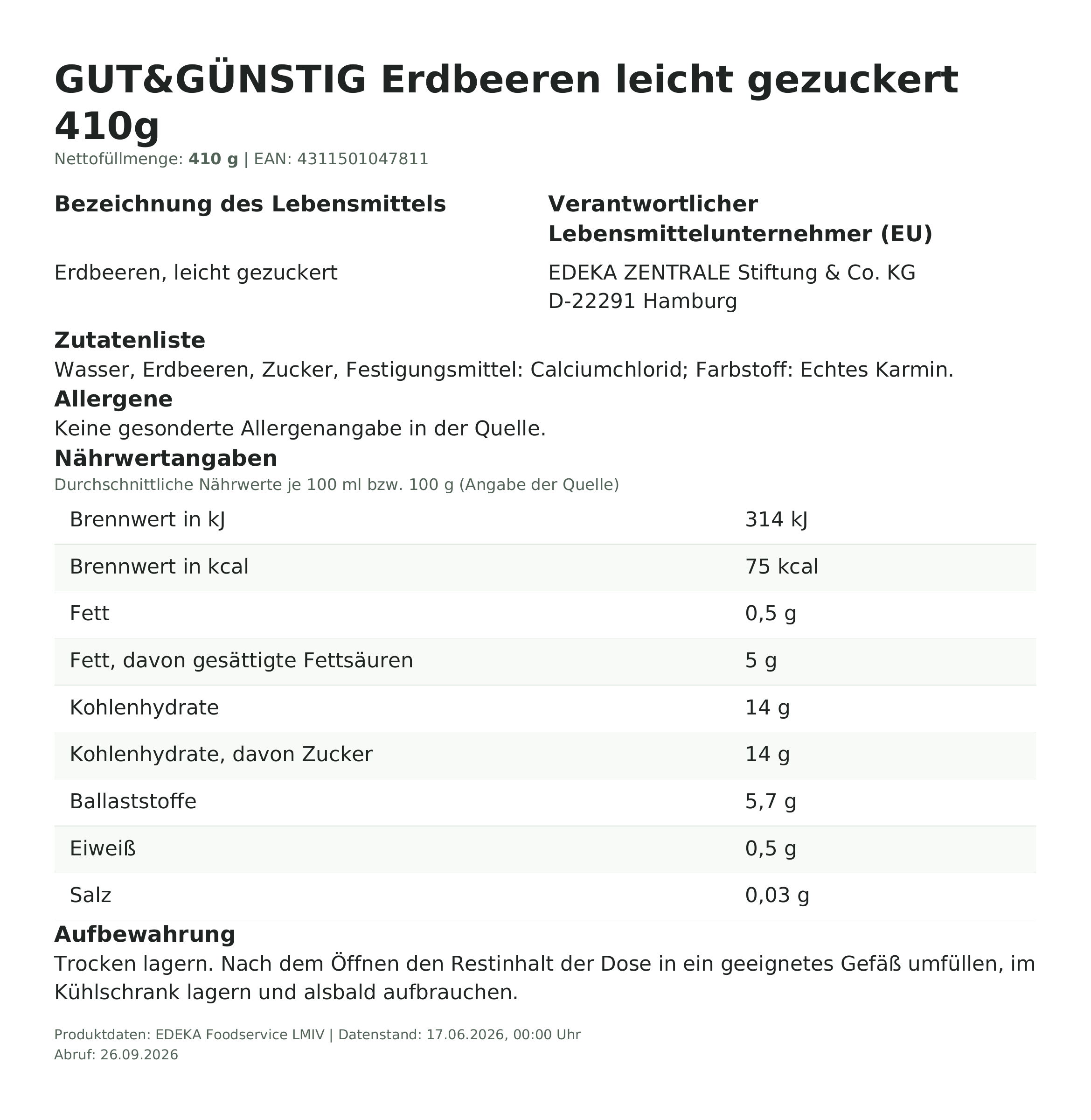 Lebensmittelinformationen: G&G Erdbeeren leicht gezuckert 410g