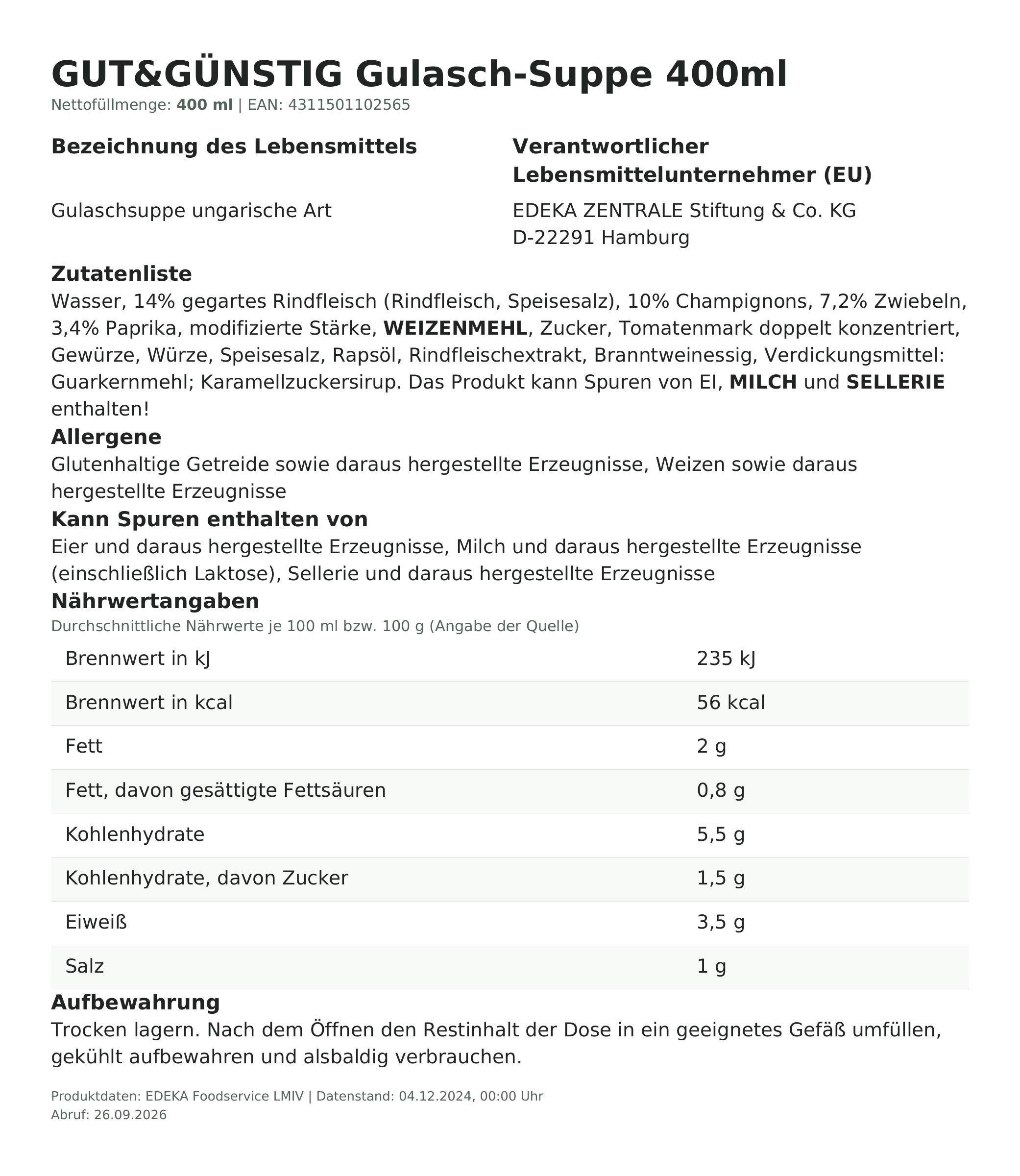 Gulasch-Suppe 400ml – Lebensmittelangaben