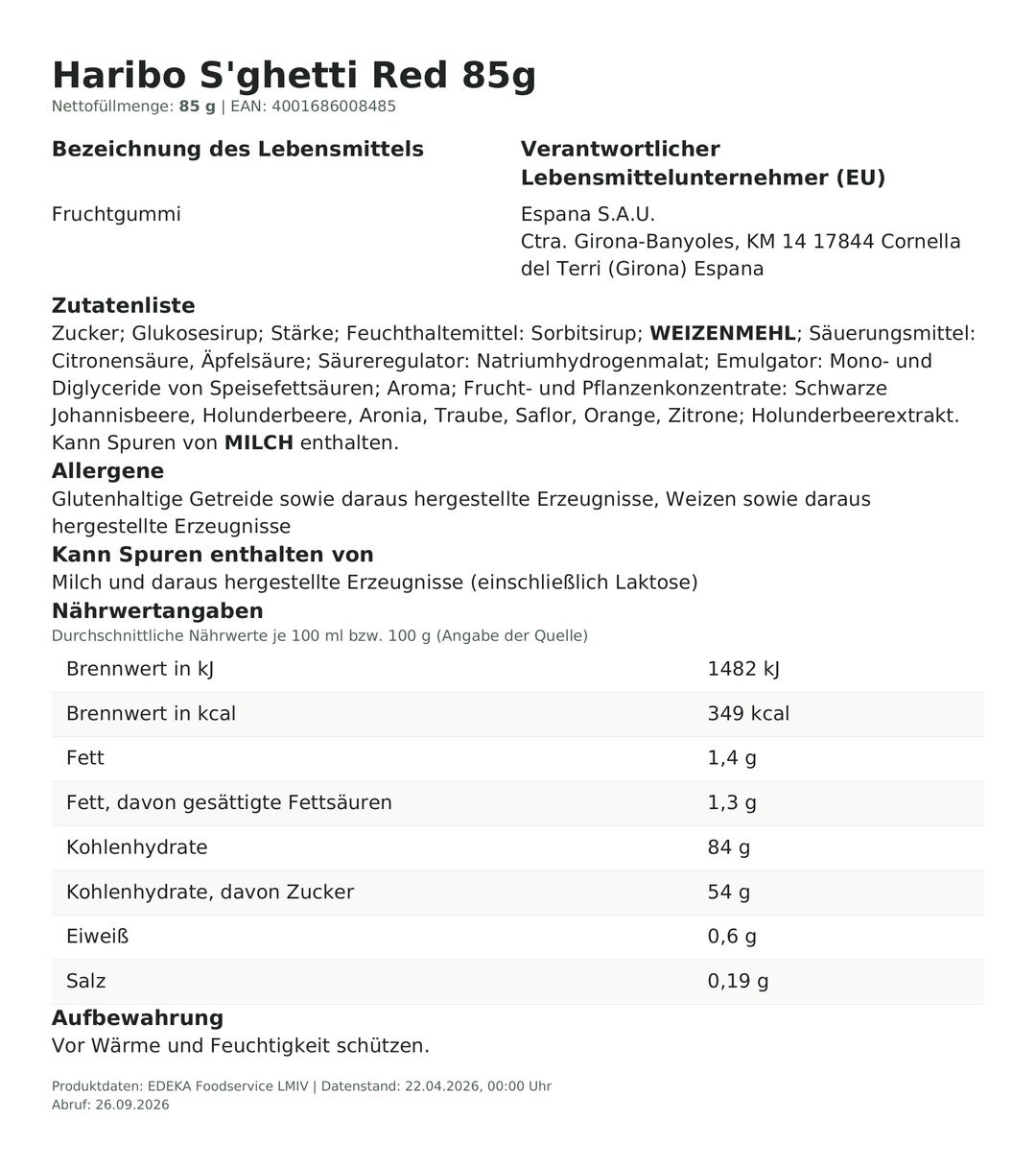 Produktinformationen zum Einzelprodukt – Haribo S'ghetti Red 85g