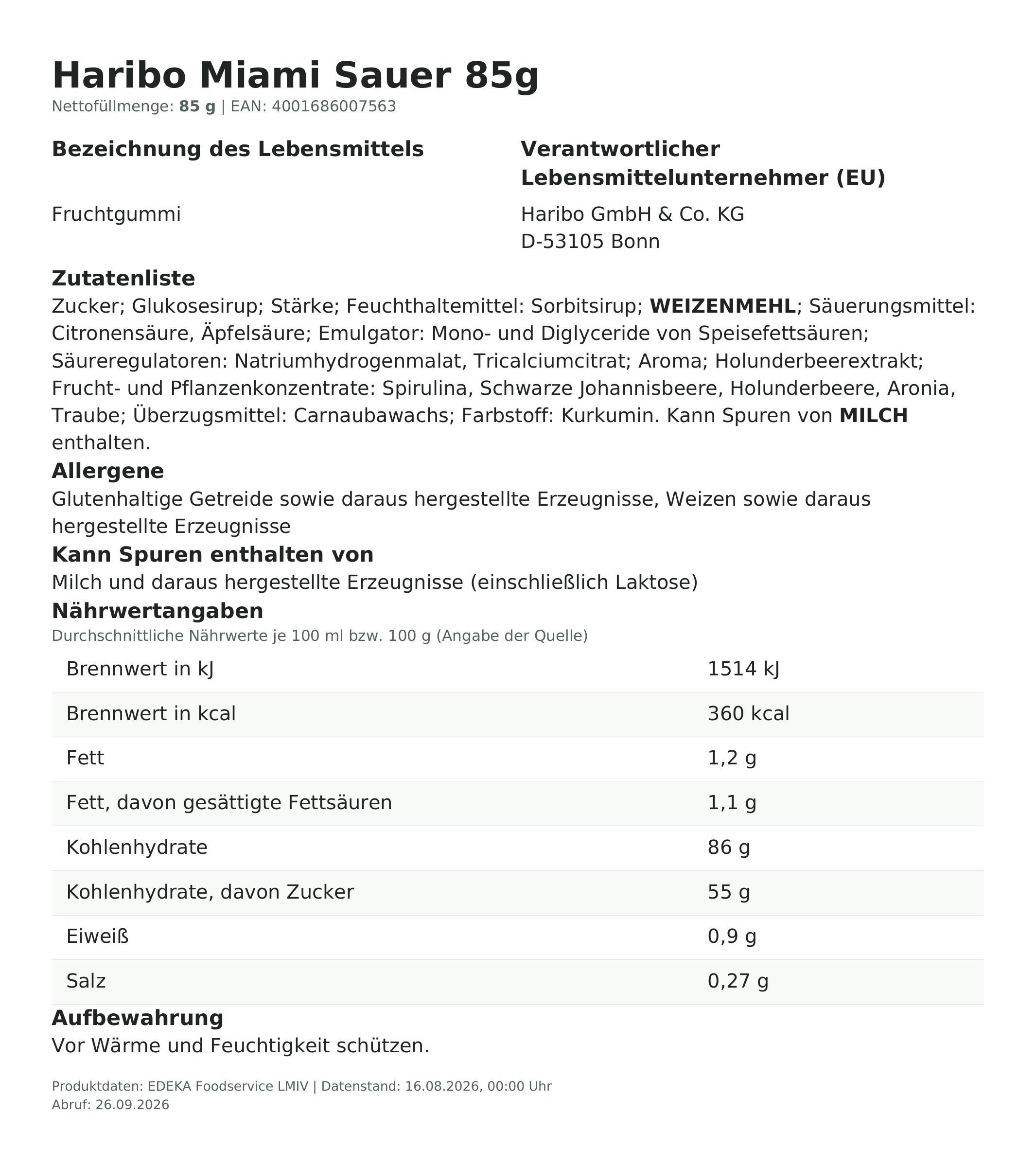 Produktinformationen – Haribo Miami Sauer 85g