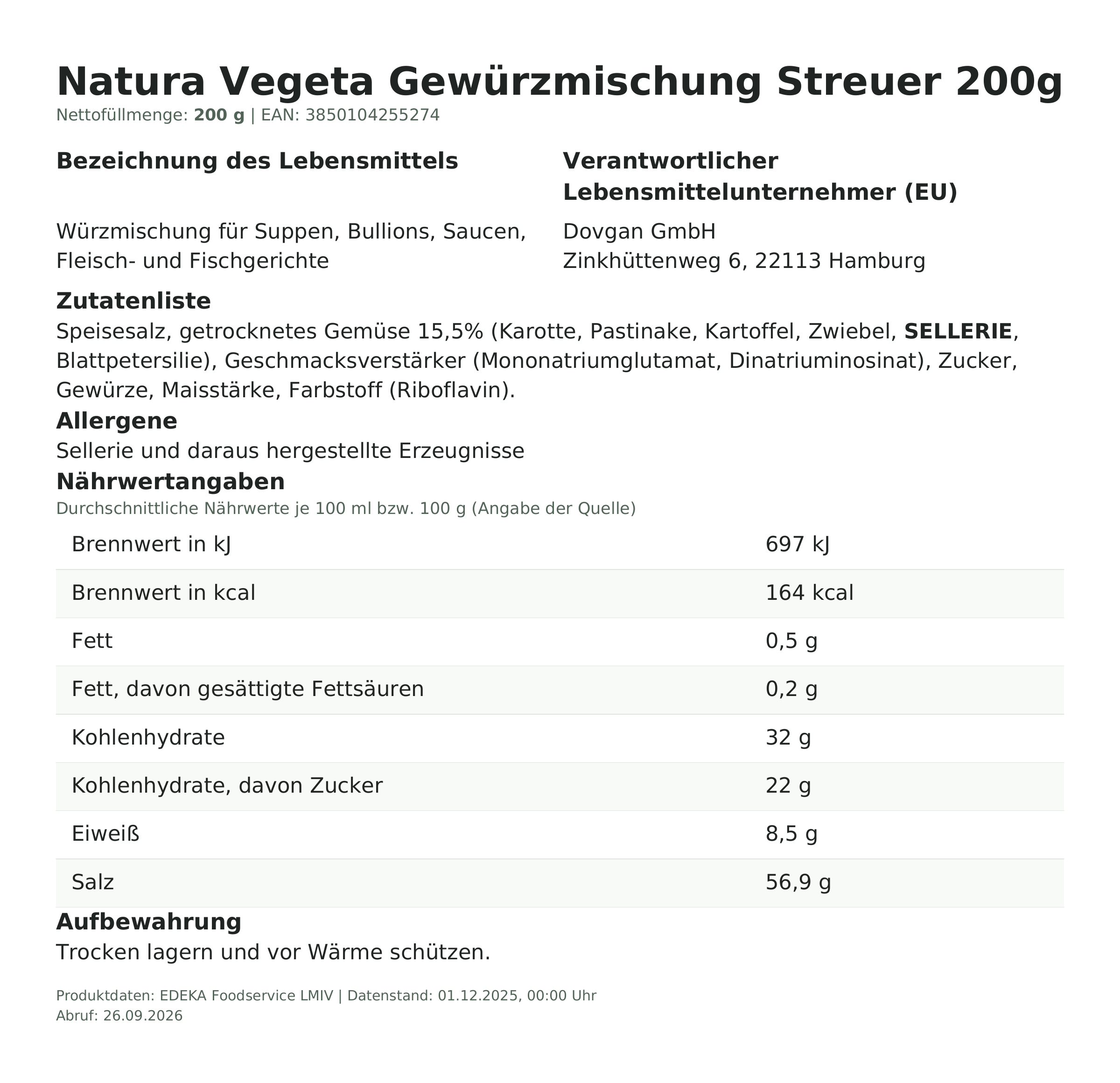 Produktinformationen – Natura Vegeta Gewürzmischung Streuer 200g