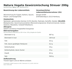 Produktinformationen – Natura Vegeta Gewürzmischung Streuer 200g